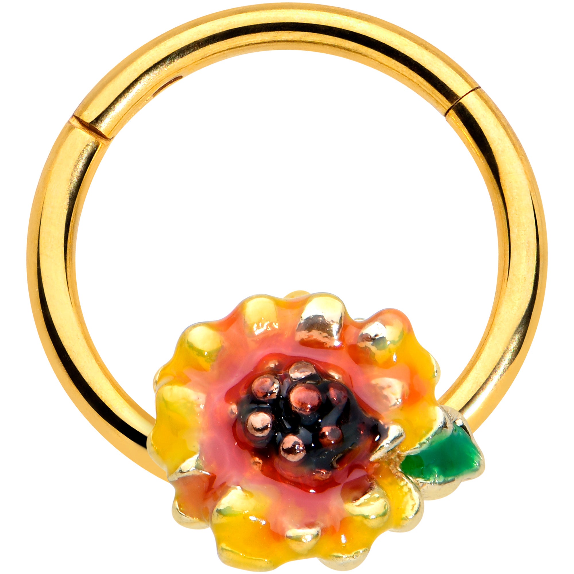 16G 3/8 Gold Tone Summer Sunflower Hinged Segment Ring