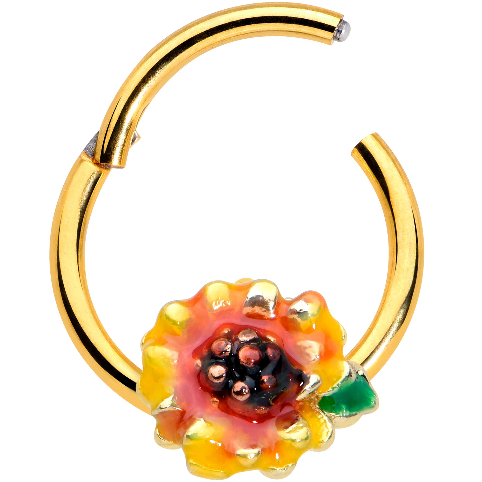 16G 3/8 Gold Tone Summer Sunflower Hinged Segment Ring