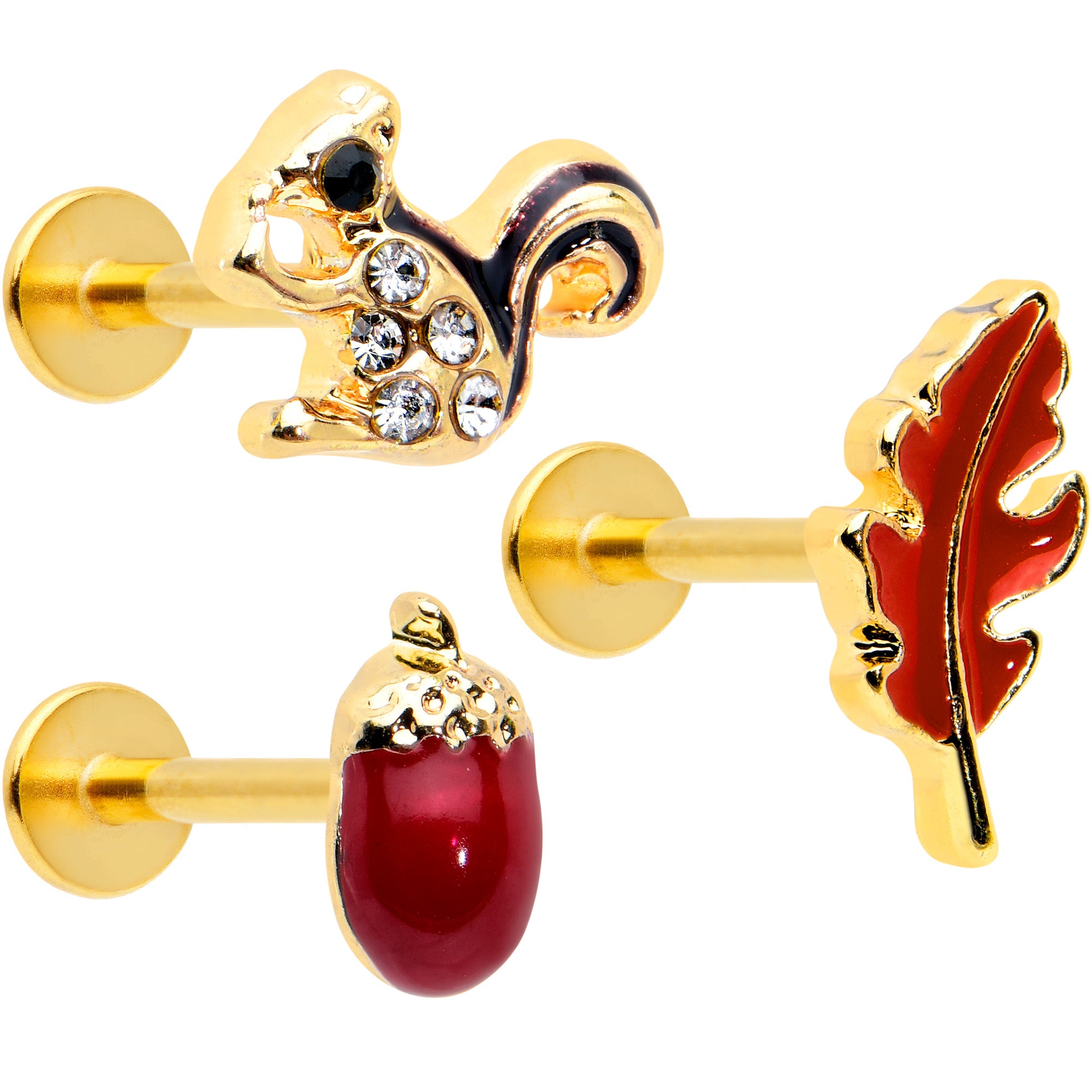 16G 5/16 Clear Gem Gold Tone Squirrel Leaf Labret Tragus Set of 3