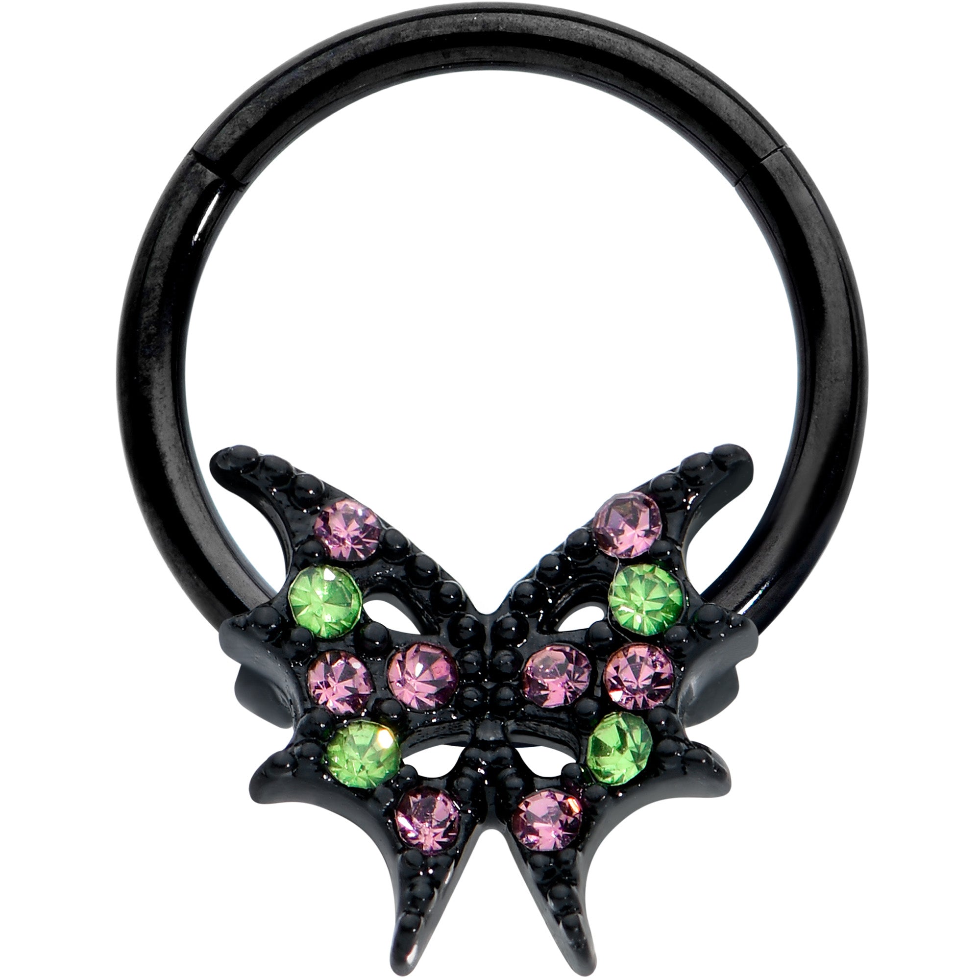 16G 3/8 Pink Green Gem Bat Wings Halloween Hinged Segment Ring
