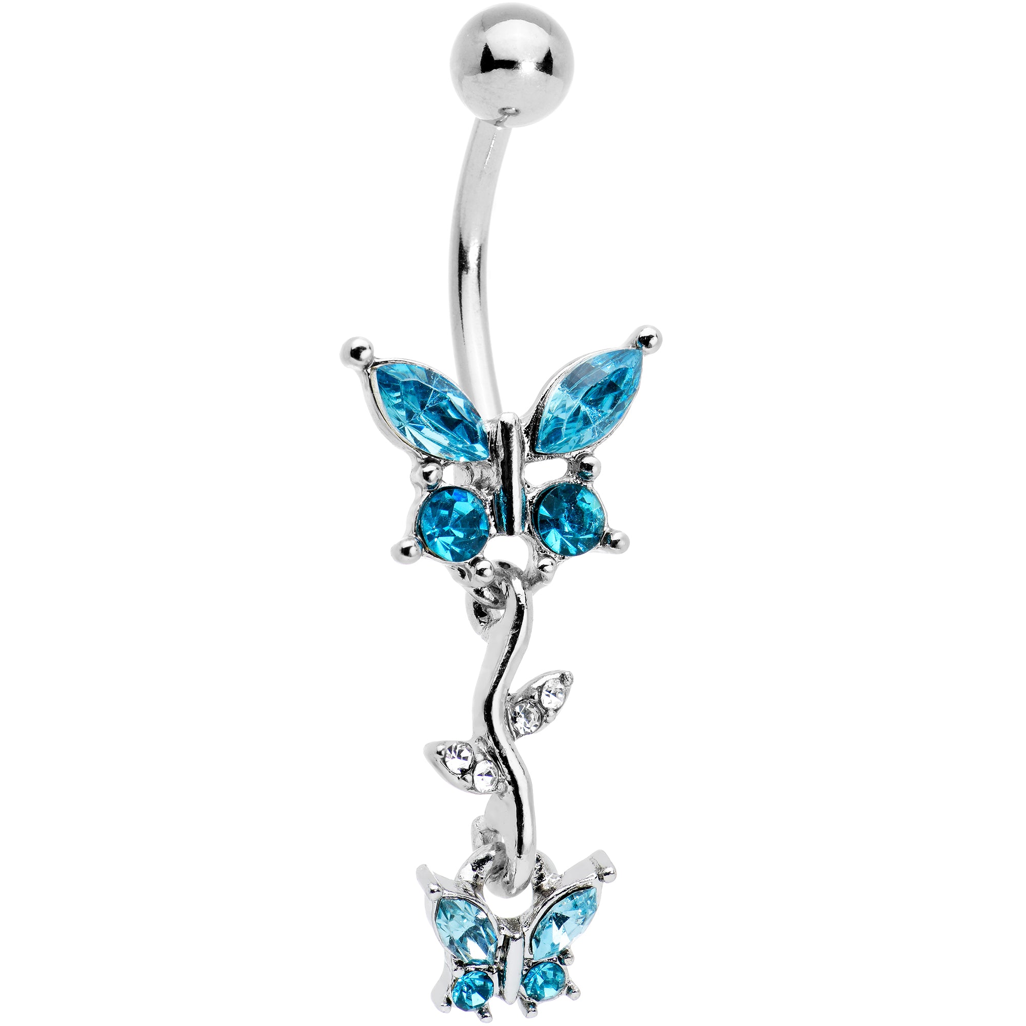 Clear Aqua Gem Vine Butterfly Dangle Belly Ring