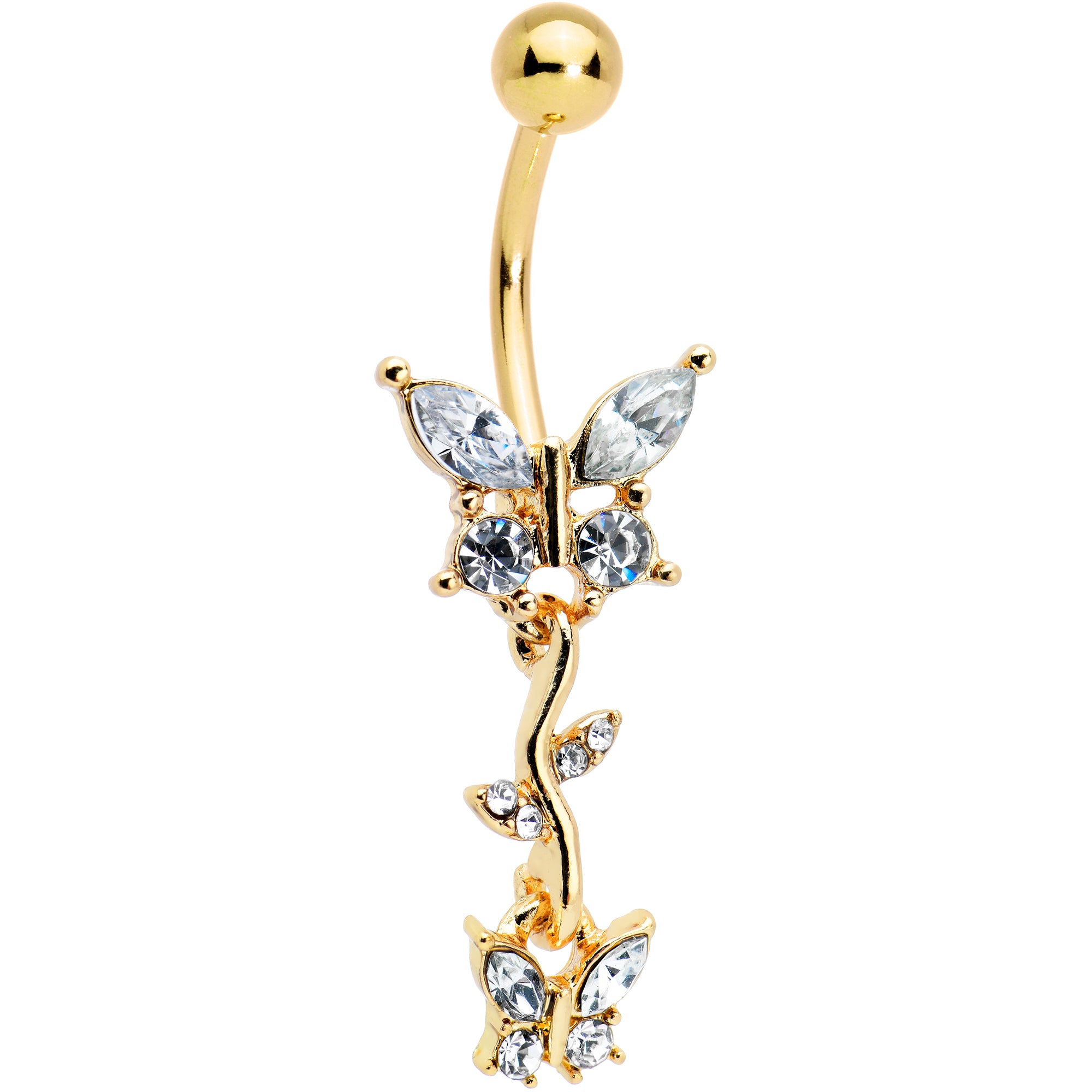 Clear Gem Gold Tone Vine Butterfly Dangle Belly Ring