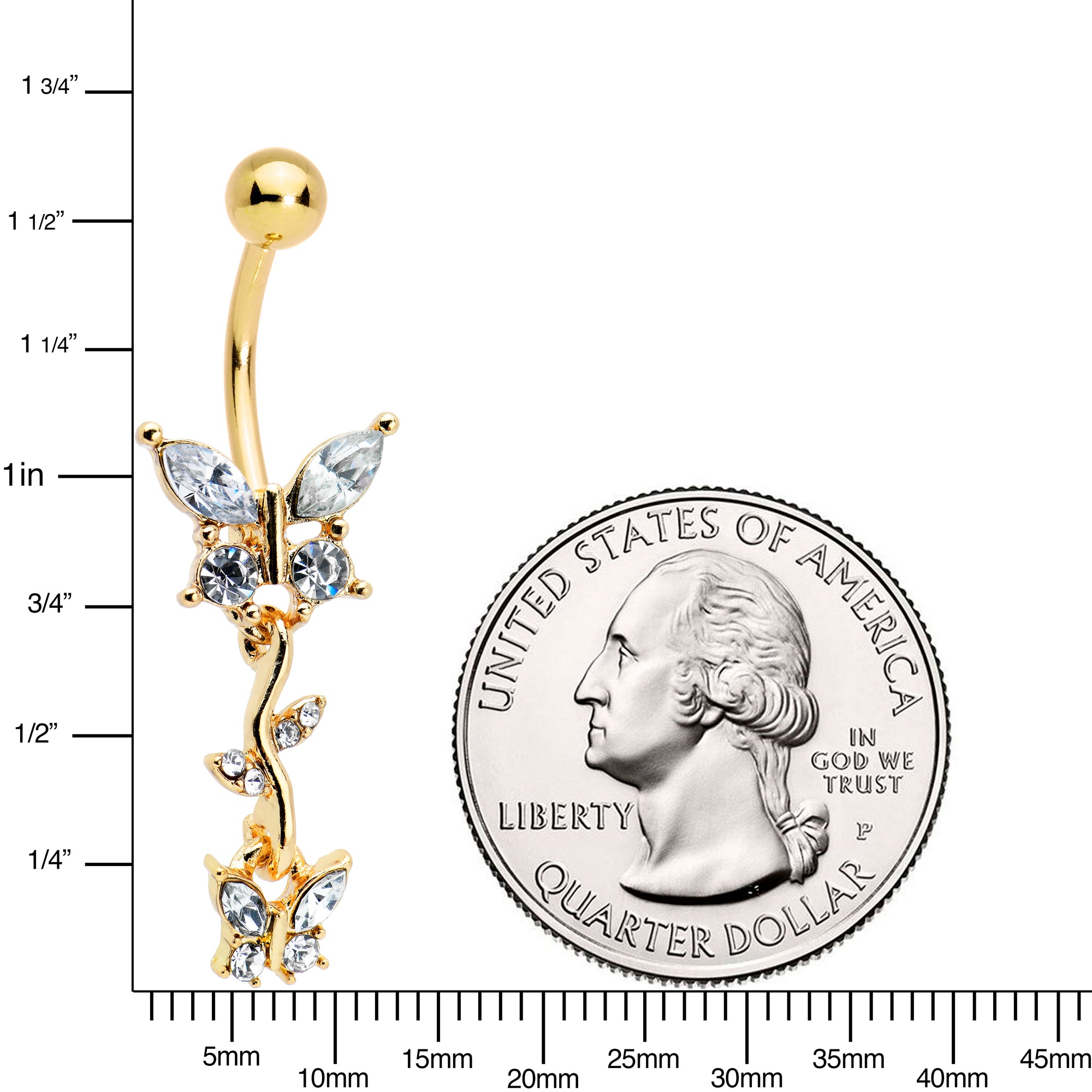 Clear Gem Gold Tone Vine Butterfly Dangle Belly Ring