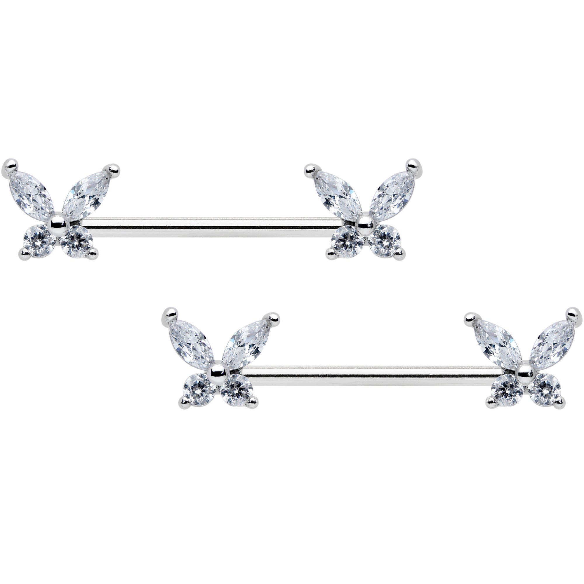 14G 9/16 Clear CZ Gem Butterflies Barbell Nipple Ring Set