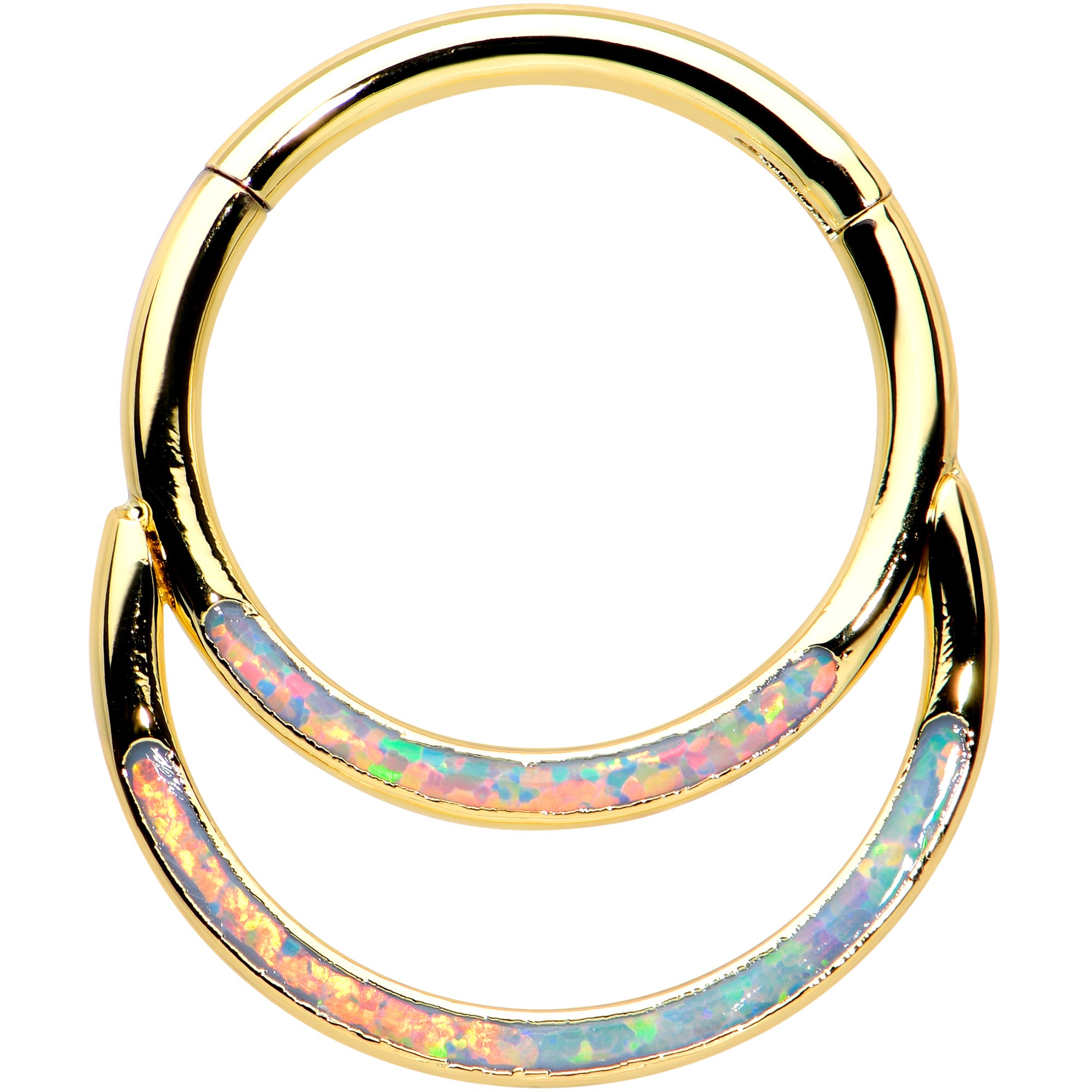 16G 3/8 White Synth Opal Gold Tone Double Row Hinged Segment Ring