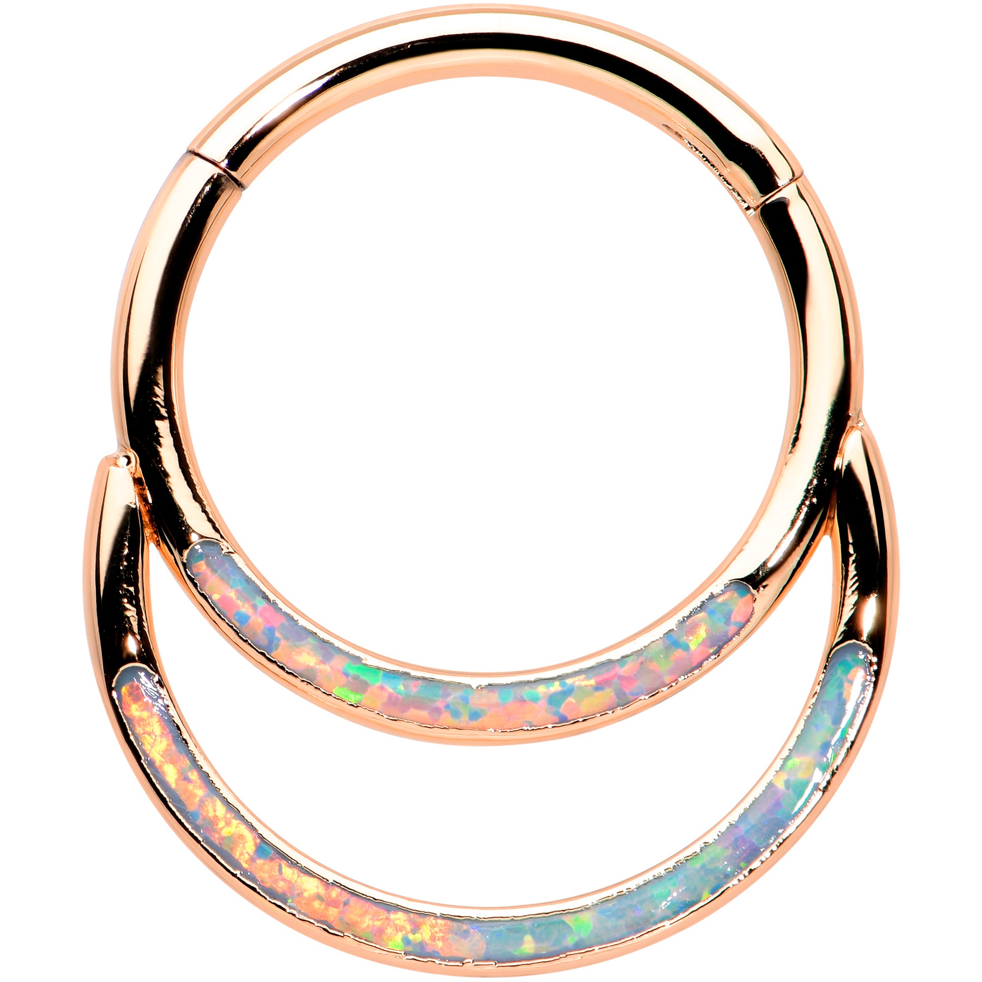 16G 3/8 White Synth Opal Rosy Tone Double Row Hinged Segment Ring