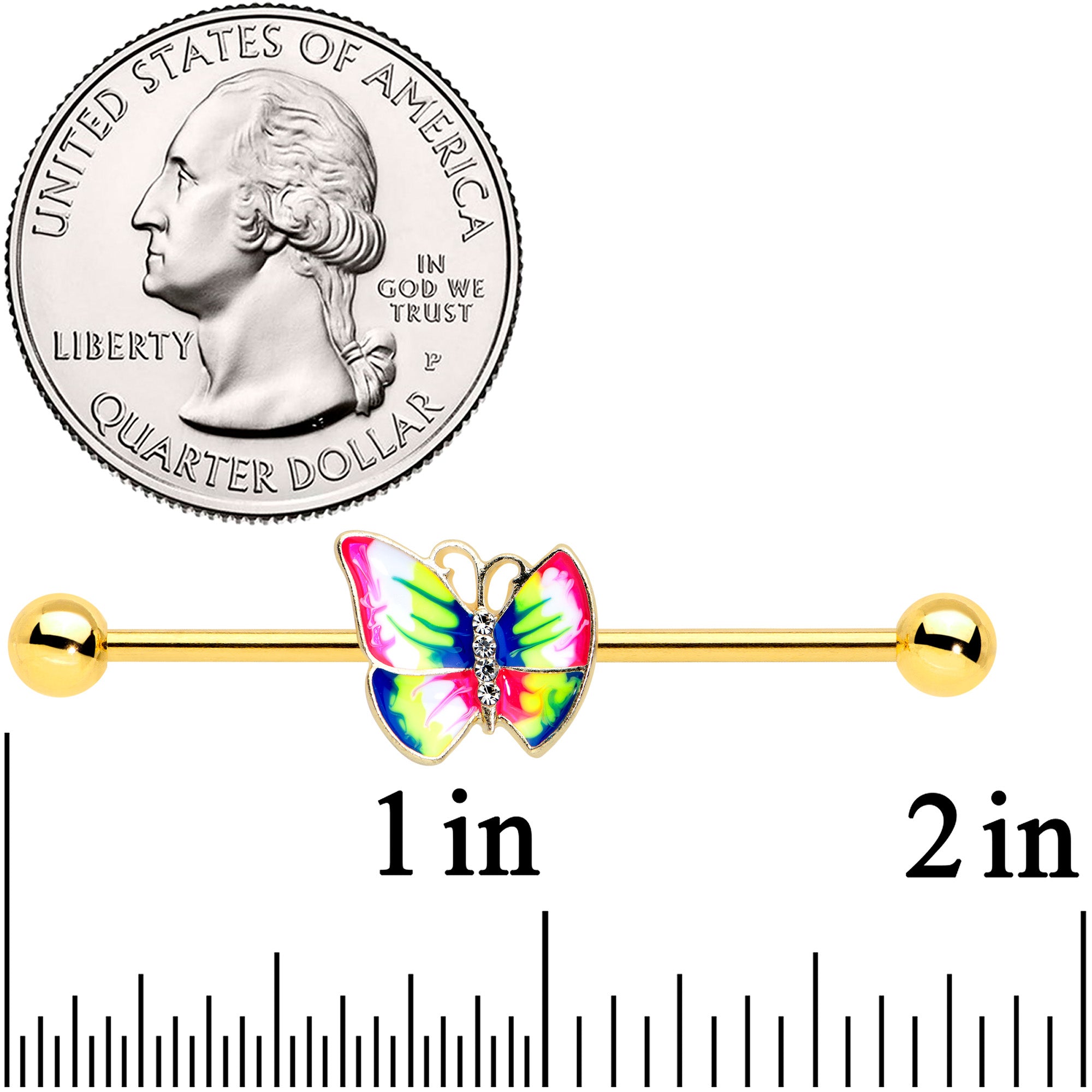 14G Clear Gem Gold Tone Bright Butterfly Industrial Barbell 38mm