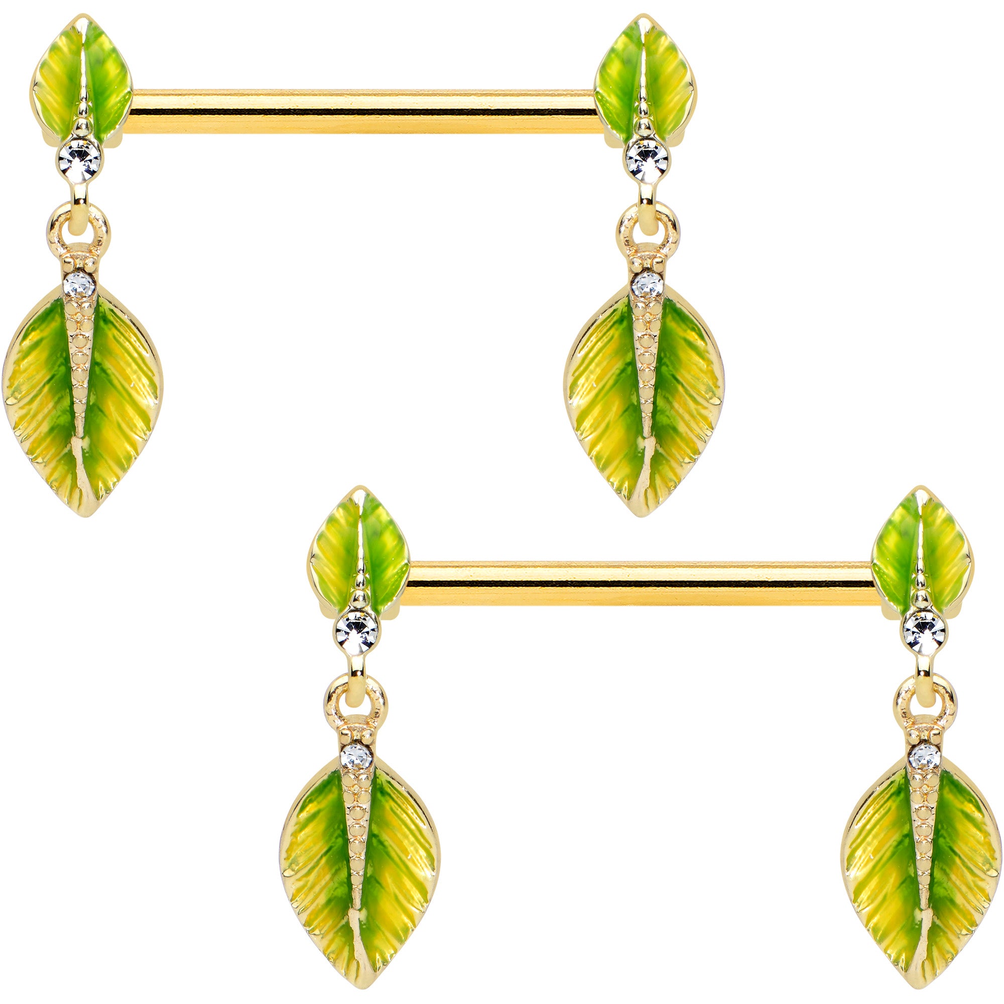 14G 5/8 Clear Gem Gold Tone Lush Leaves Dangle Nipple Ring Set