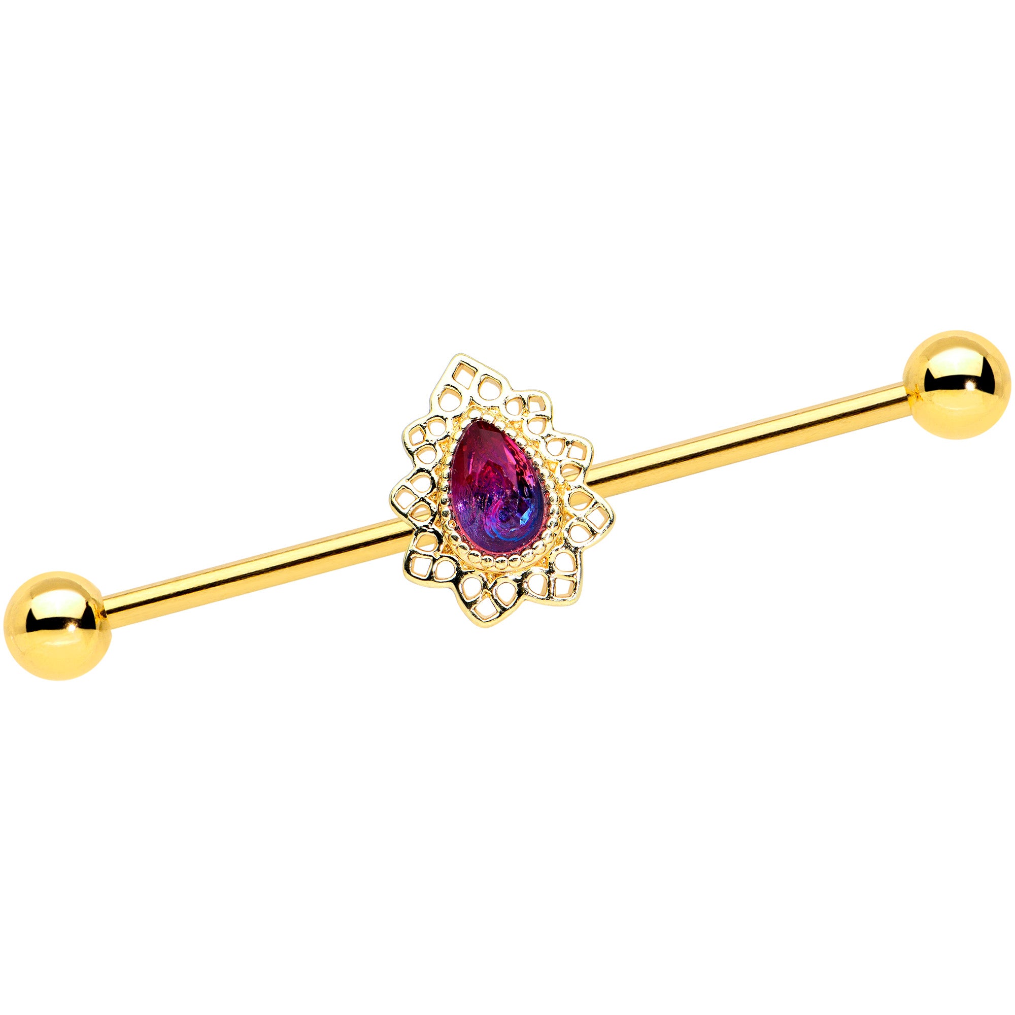14G Purple Tourmaline Gold Tone Drop Industrial Barbell 38mm