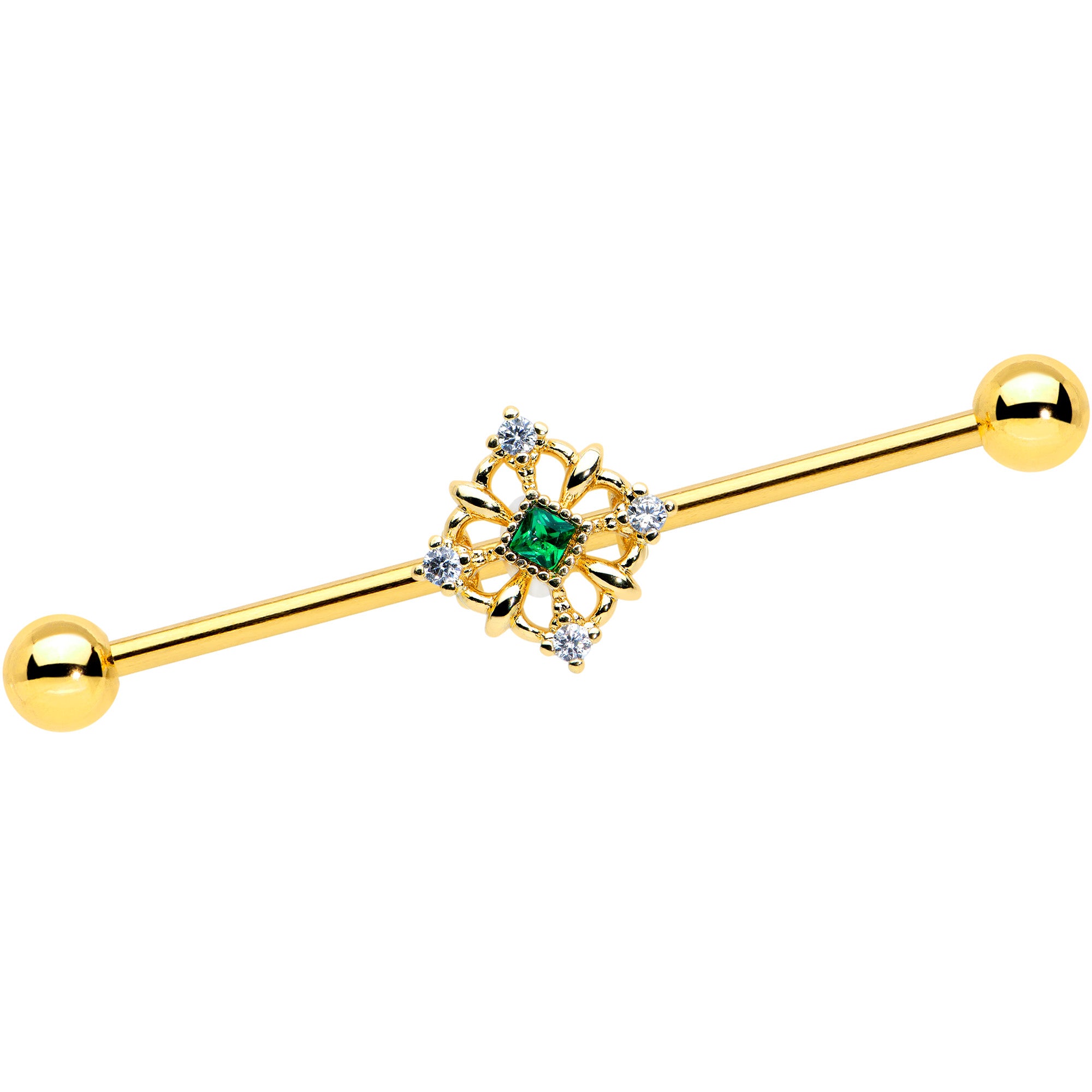 14G Green Gem Gold Tone Noble Square Industrial Barbell 38mm