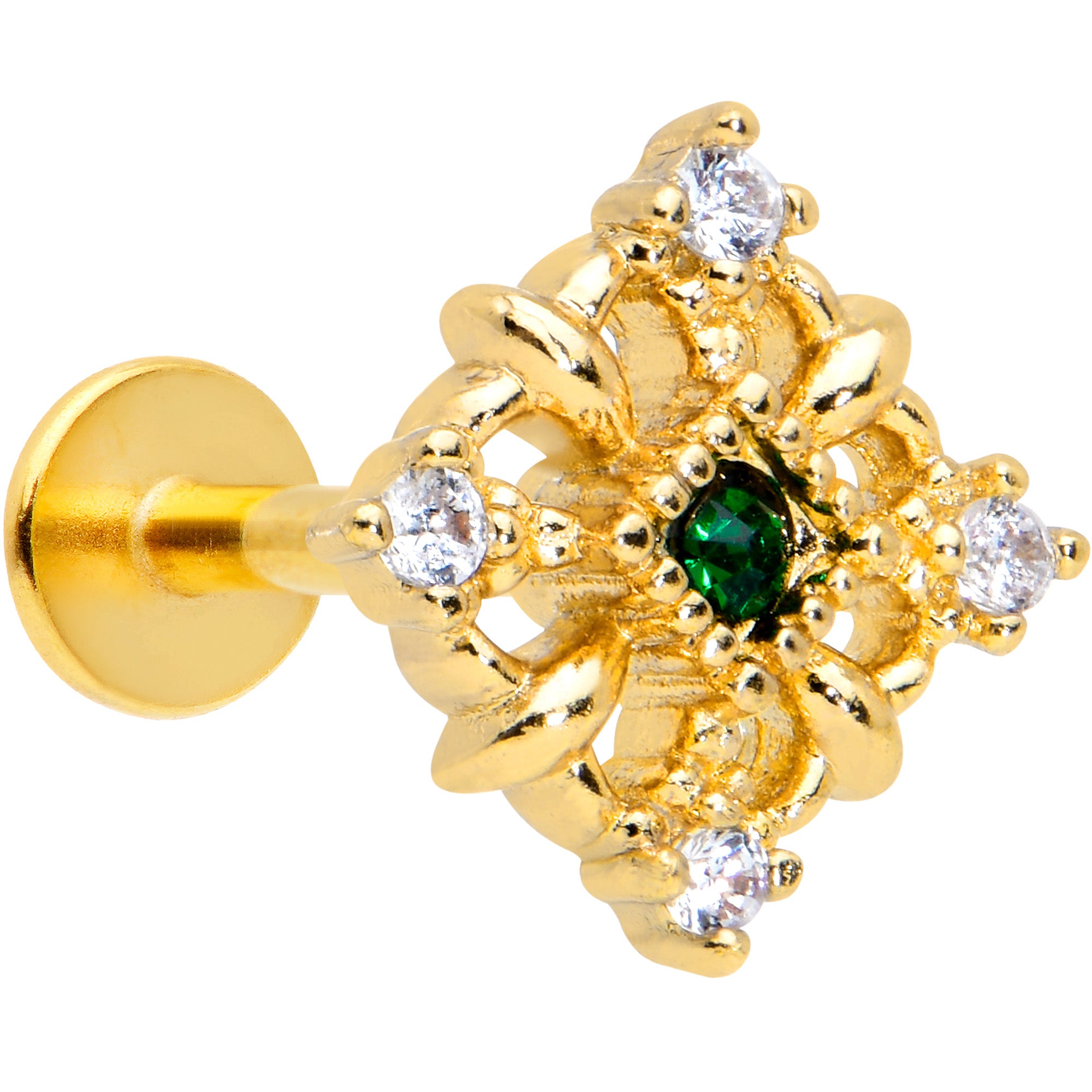 16G 5/16 Green Gem Gold Tone Noble Square Labret Monroe Tragus