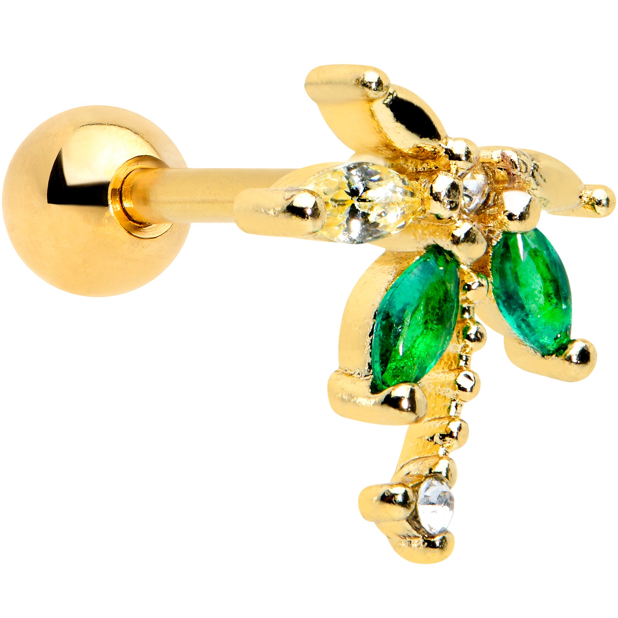 16G 1/4 Green Gem Gold Tone Palm Tree Cartilage Tragus Earring