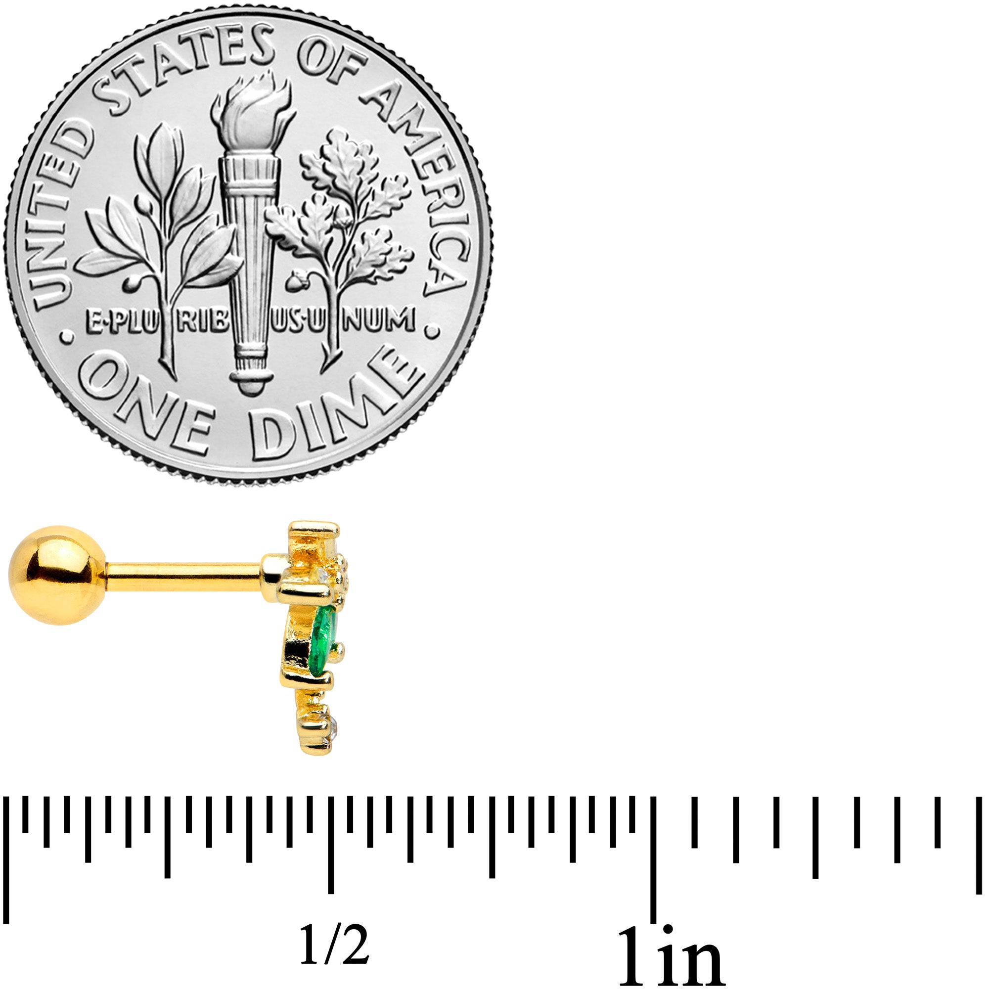 16G 1/4 Green Gem Gold Tone Palm Tree Cartilage Tragus Earring