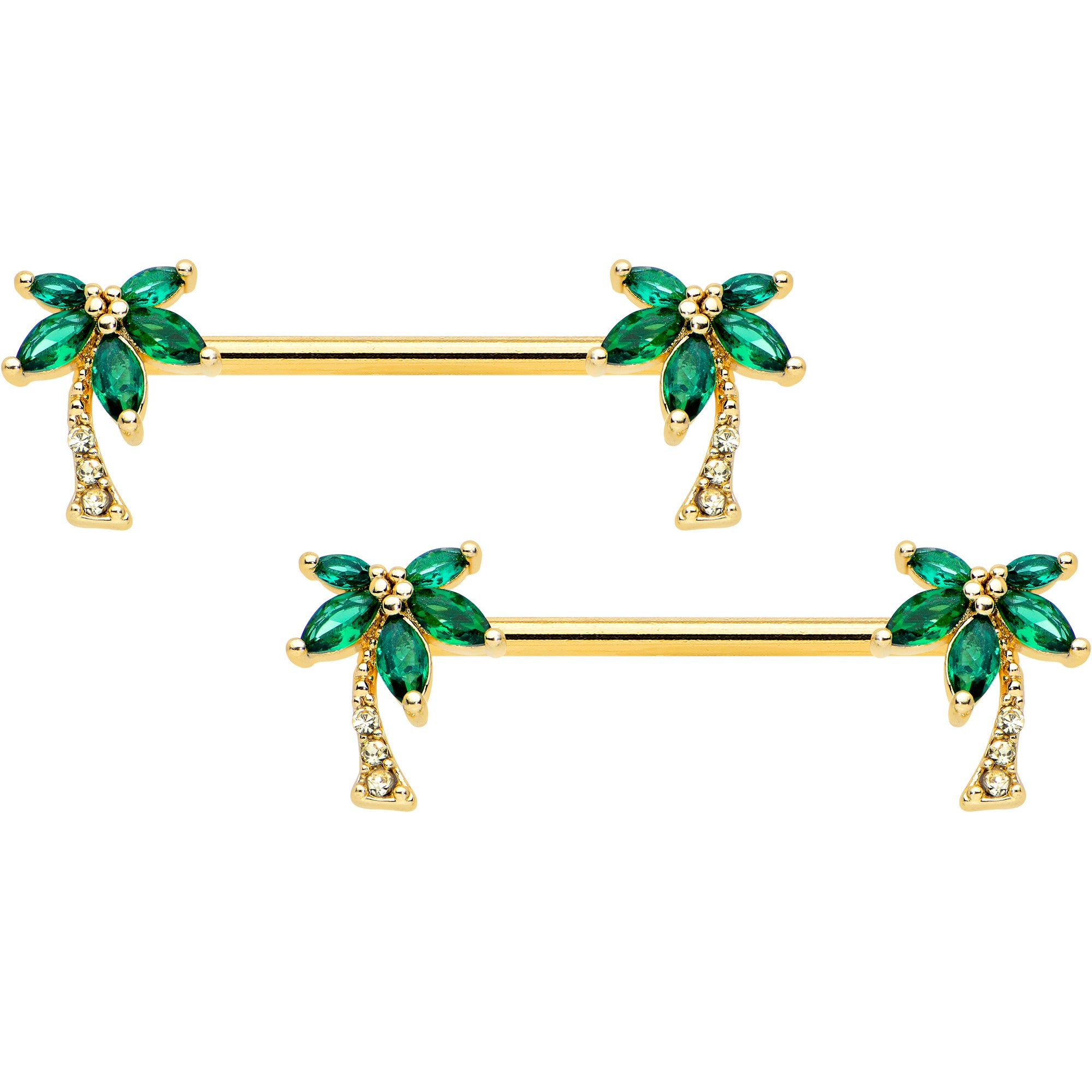 14G 9/16 Clear Green Gem Gold Tone Palm Tree Nipple Ring Set