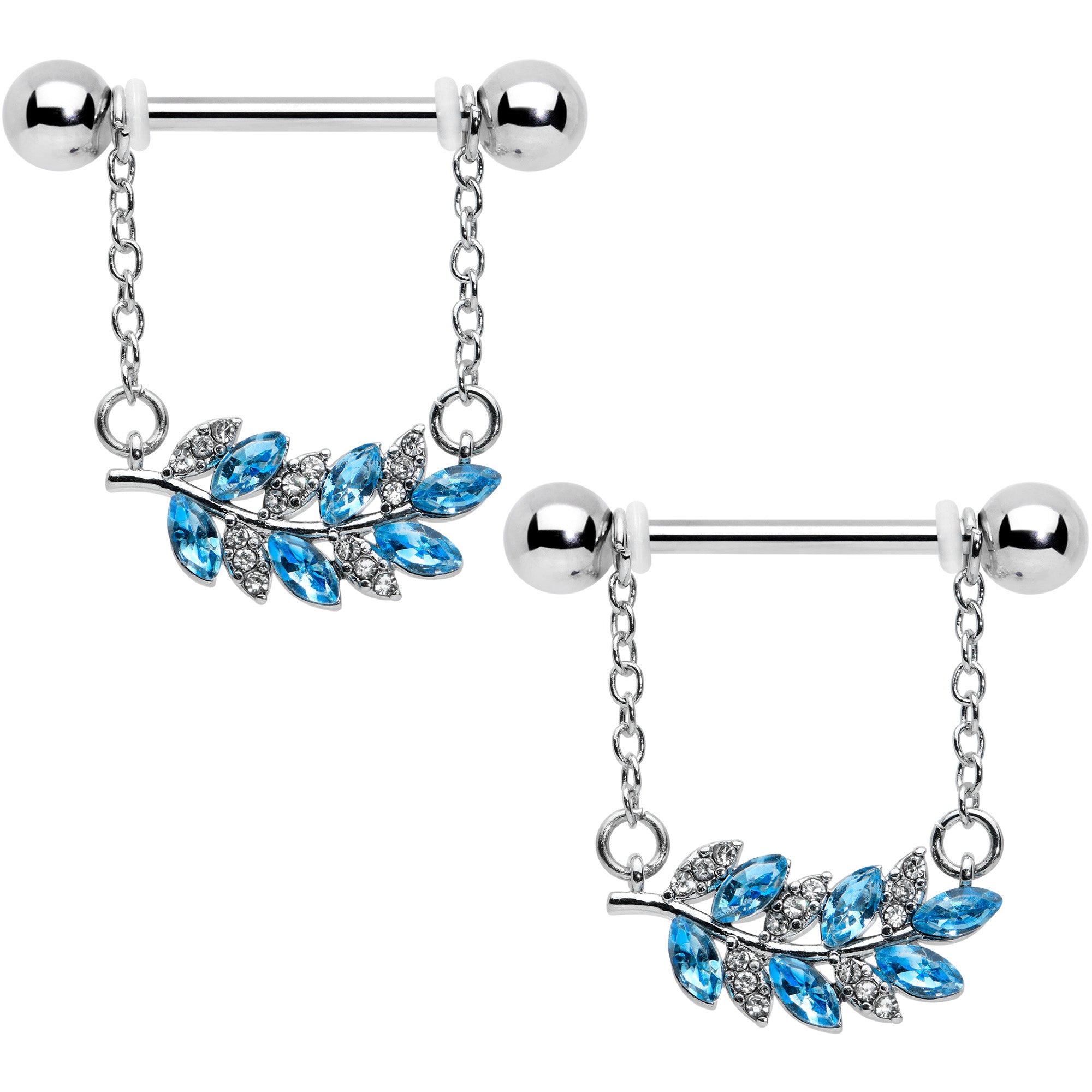 14G 9/16 Clear Blue Gem Leafy Branch Dangle Nipple Ring Set