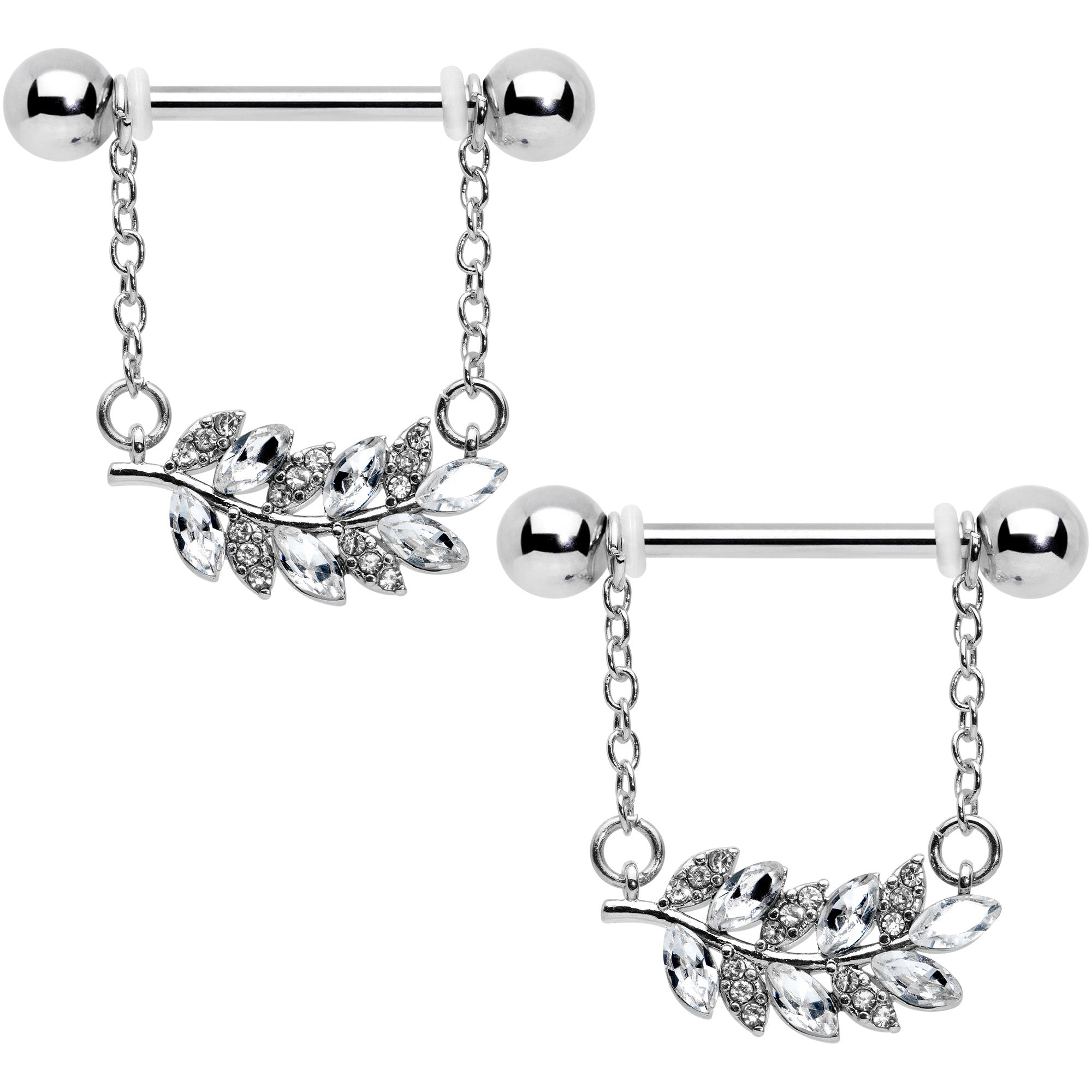 14G 9/16 Clear Gem Leafy Branch Dangle Nipple Ring Set