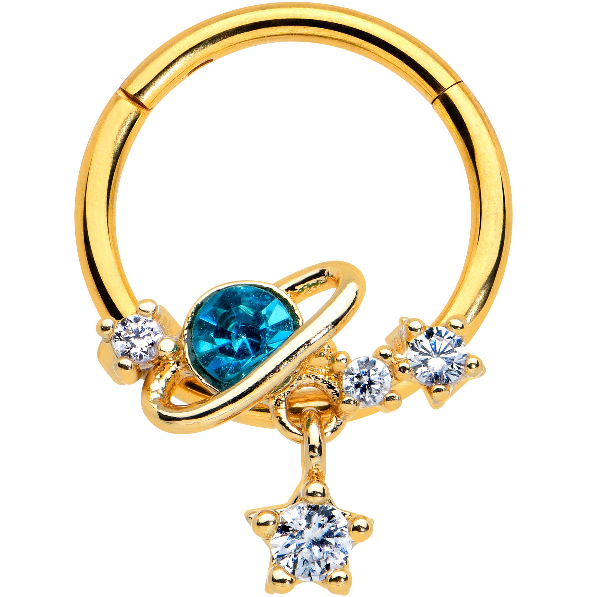 16G 3/8 Clear CZ Gem Gold Hue Blue Saturn Star Hinged Segment Ring