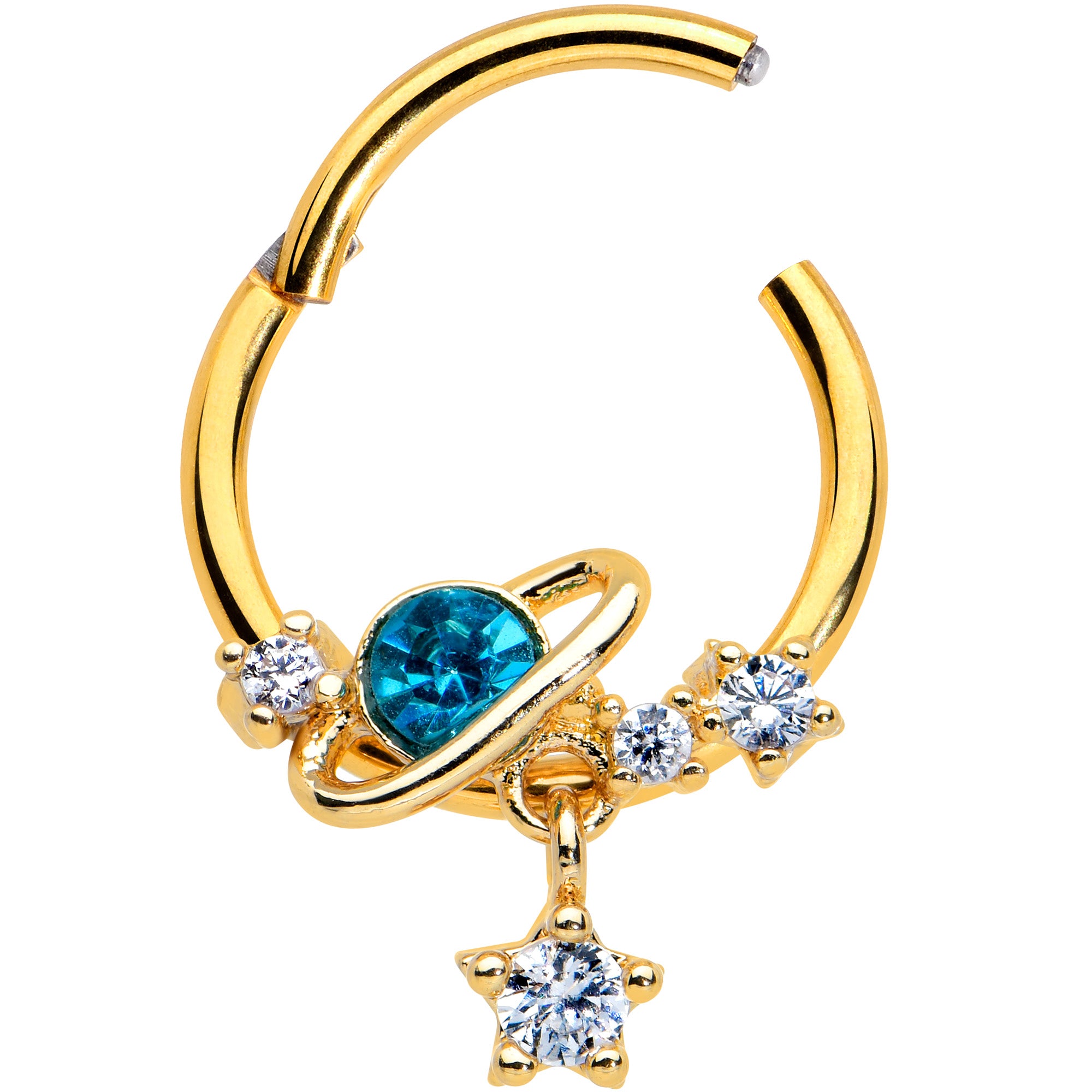 16G 3/8 Clear CZ Gem Gold Hue Blue Saturn Star Hinged Segment Ring