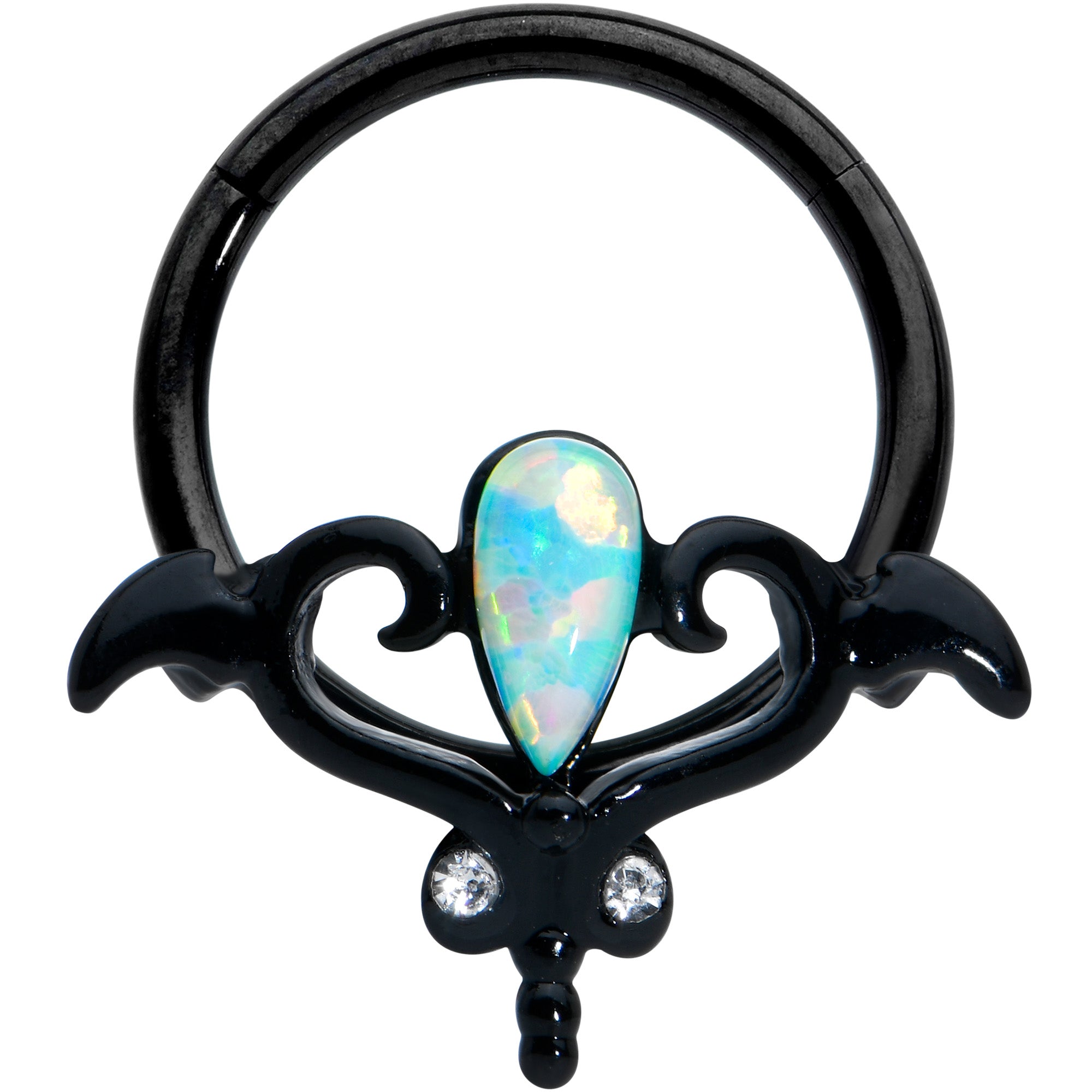 16G 3/8 White Synthetic Opal Black Wings Hinged Segment Ring