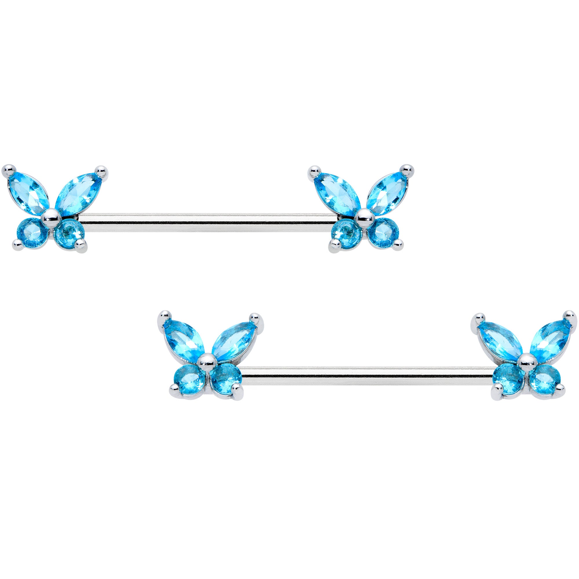 14G 3/4 Blue CZ Gem Butterflies Barbell Nipple Ring Set