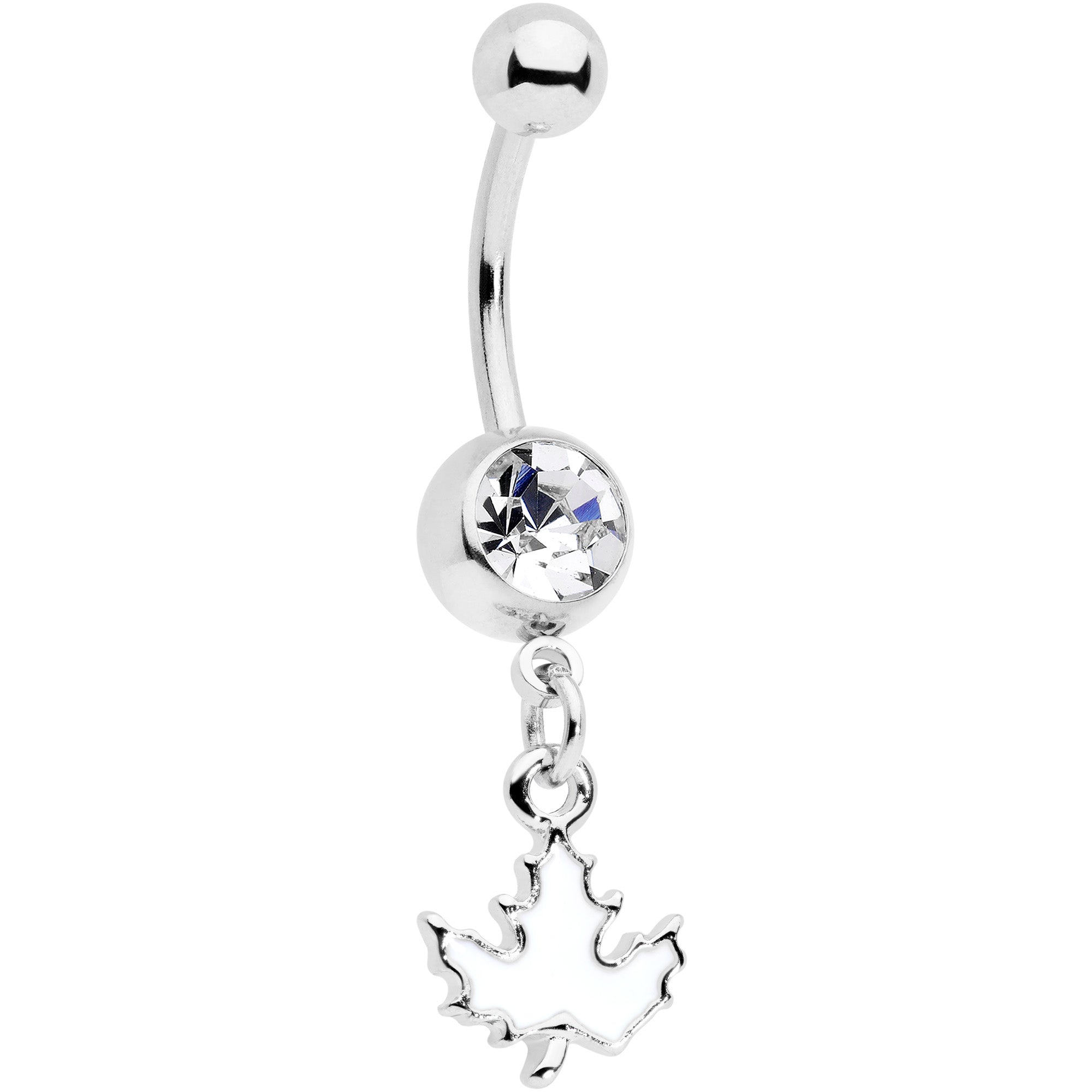 Clear Gem Autumn White Maple Leaf Dangle Belly Ring