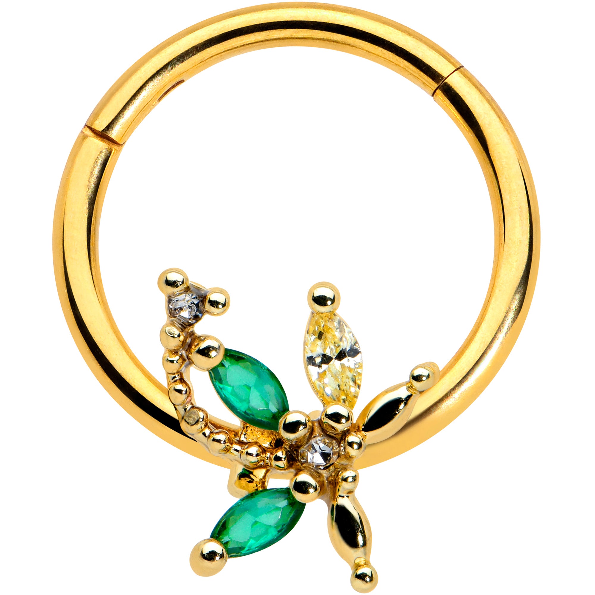 16G 3/8 Clear Green Gem Gold Tone Palm Tree Hinged Segment Ring