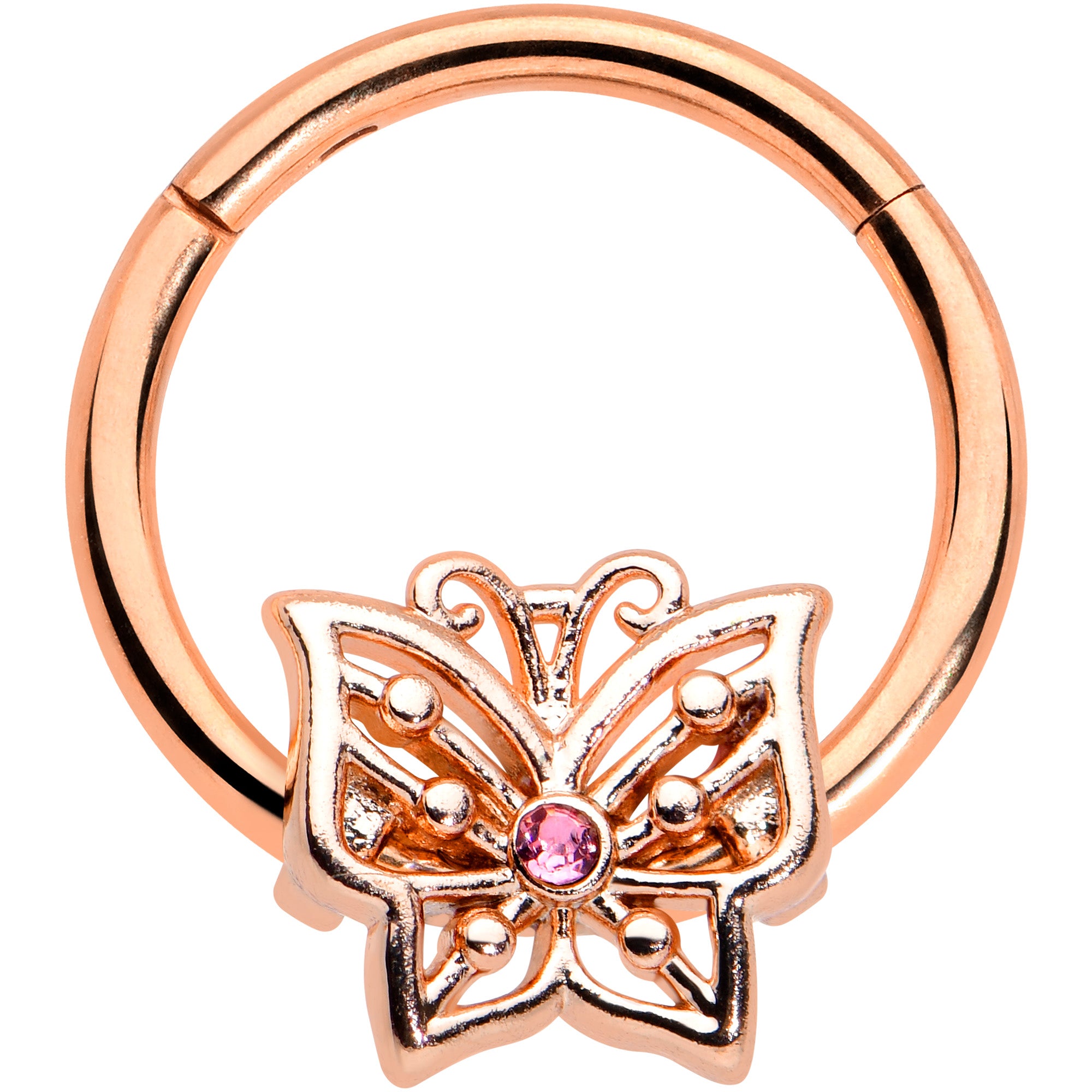 16G 3/8 Pink CZ Gem Rose Gold Tone Butterfly Hinged Segment Ring