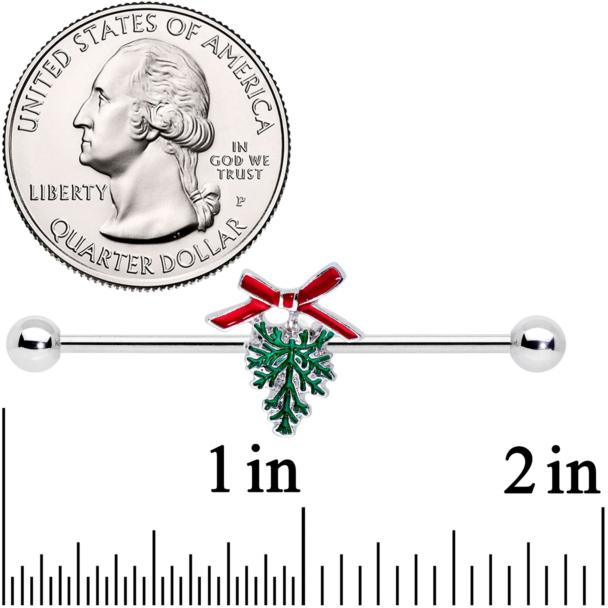 14G Pine Bough Red Bow Christmas Industrial Barbell 38mm