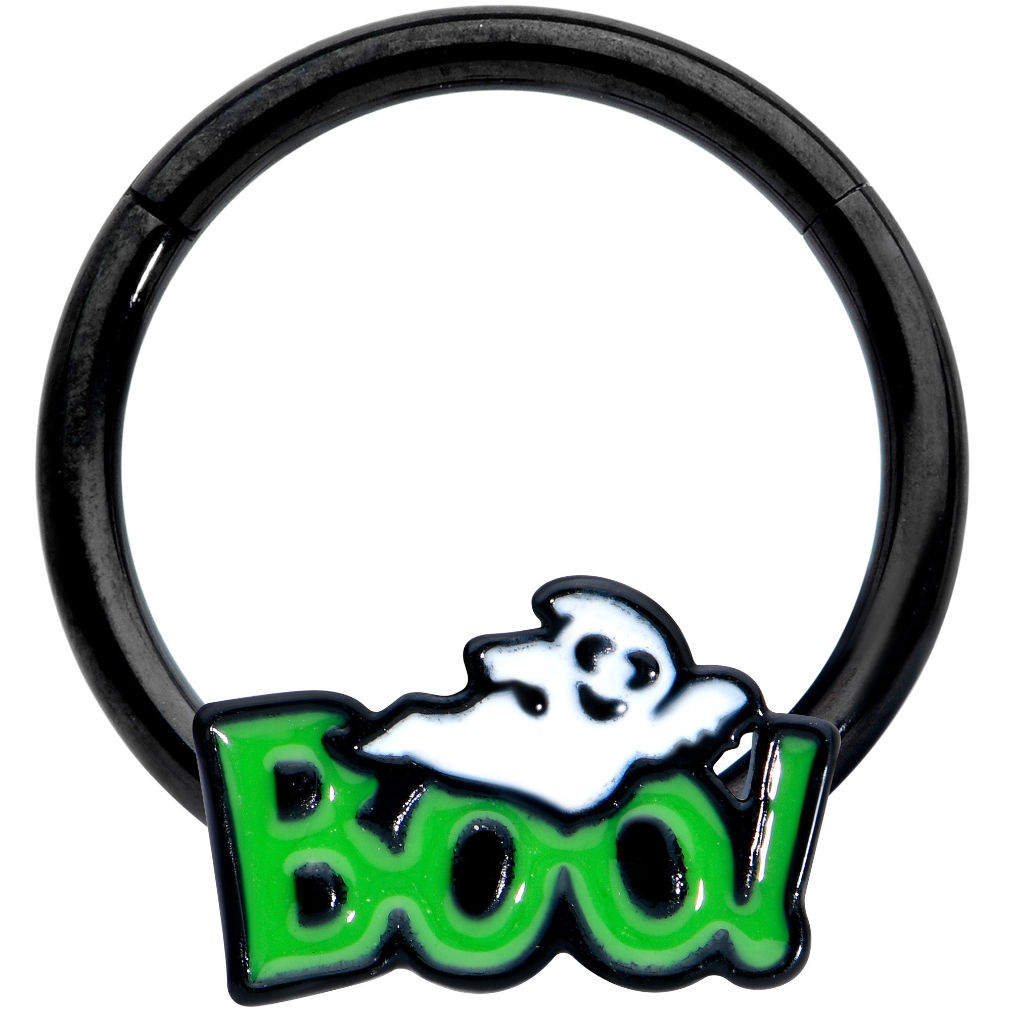 16G 3/8 Black Green Boo Ghost Halloween Hinged Segment Ring