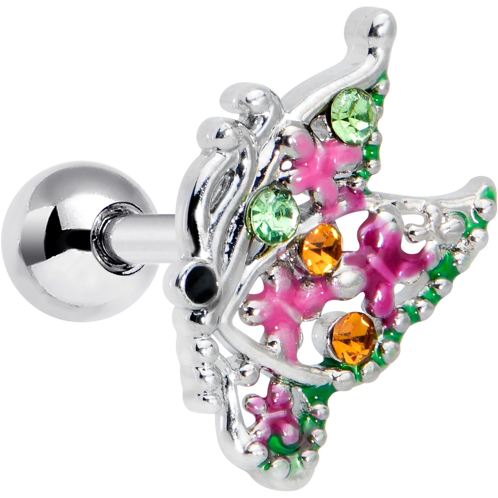 16G 1/4 Green Orange Gem Texture Butterfly Cartilage Tragus