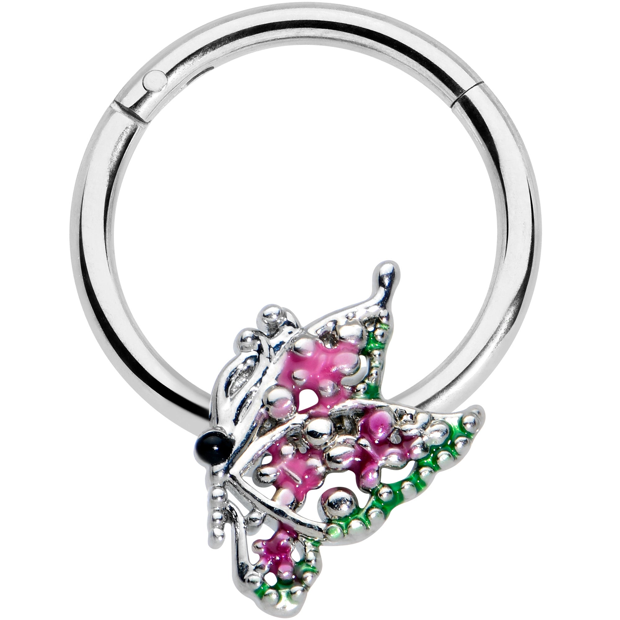 16G 3/8 Textured In Pink Butterfly Hinged Segment Ring