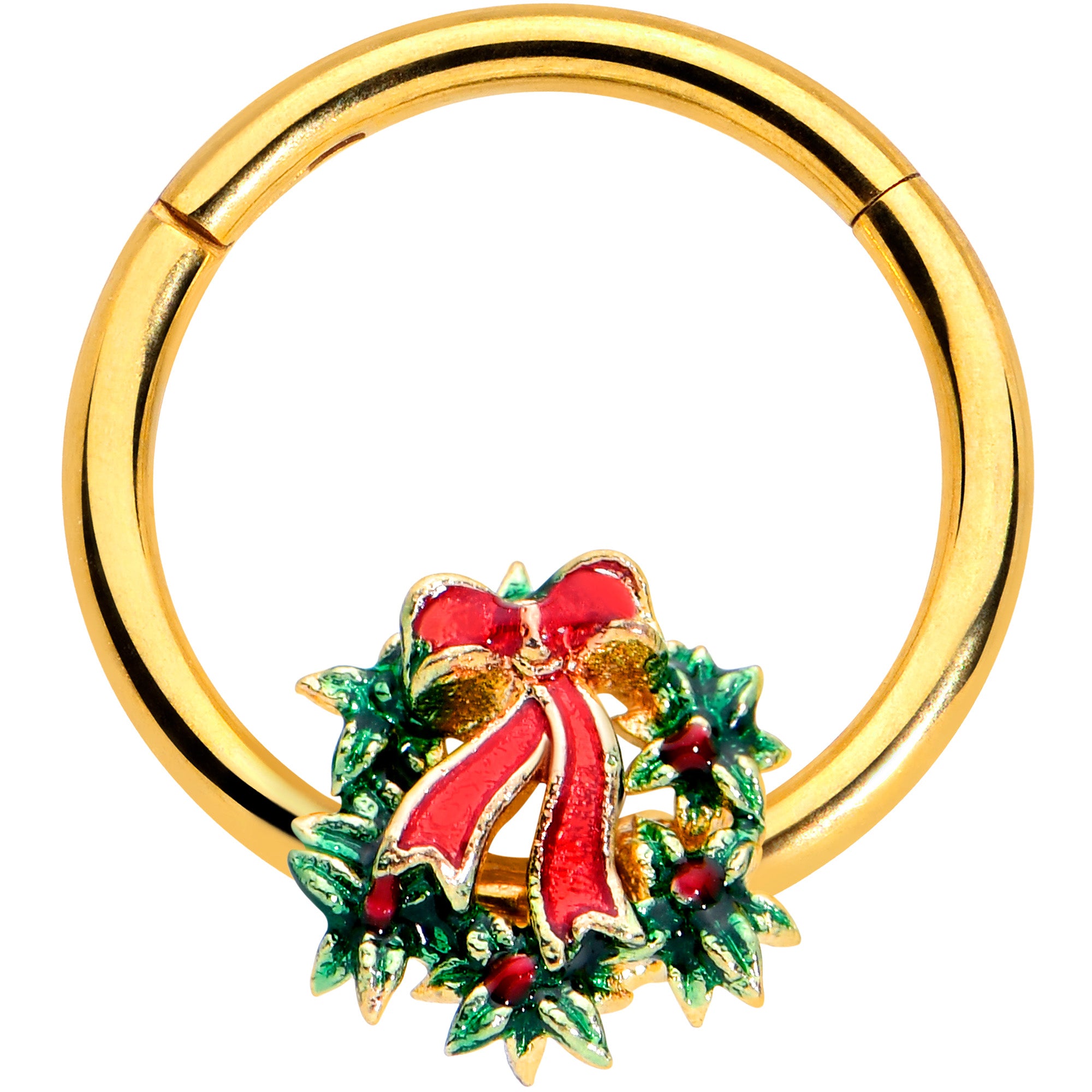 16G 3/8 Gold Hue Festive Christmas Wreath Bow Hinged Segment Ring