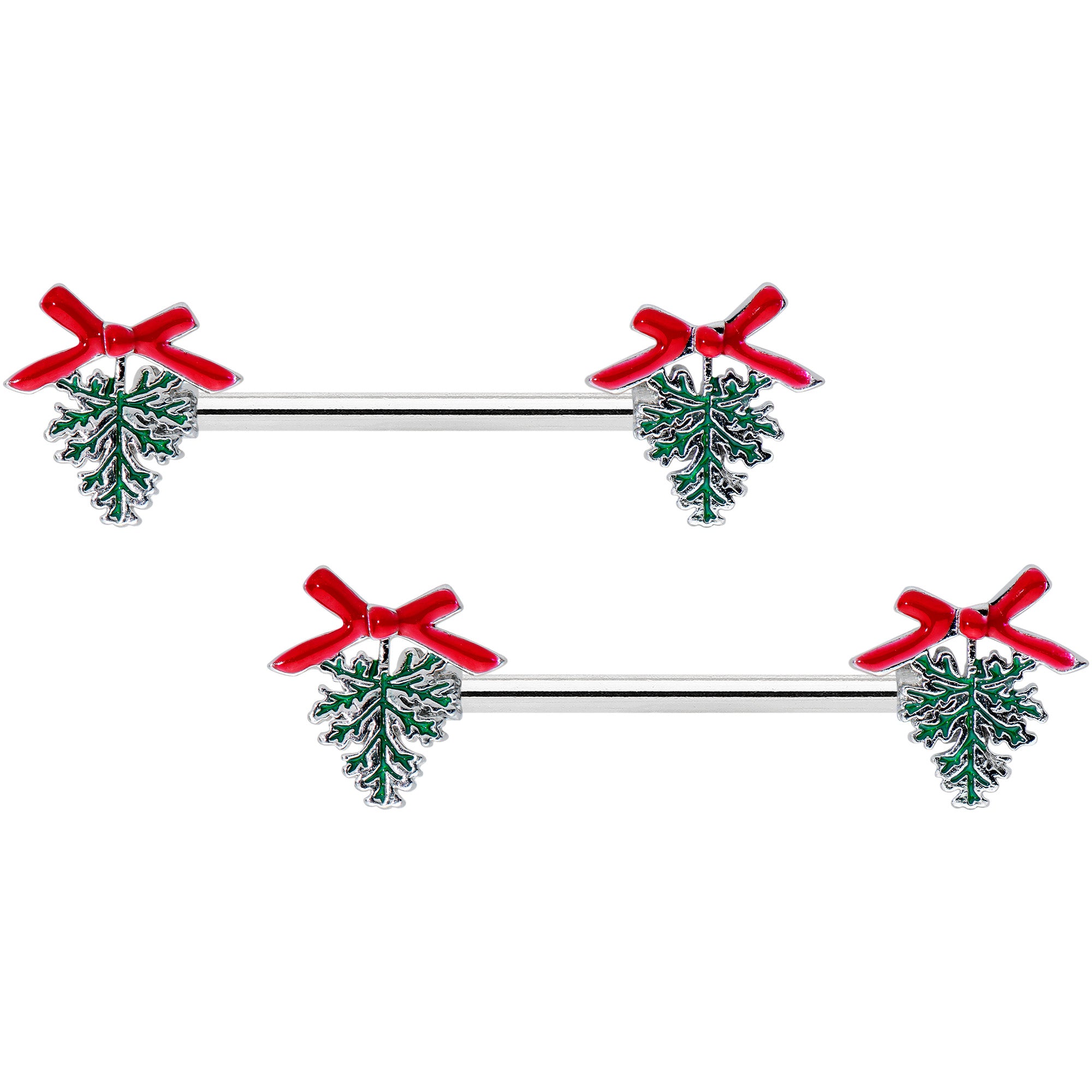 14G 9/16 Pine Bough Red Bow Christmas Barbell Nipple Ring Set