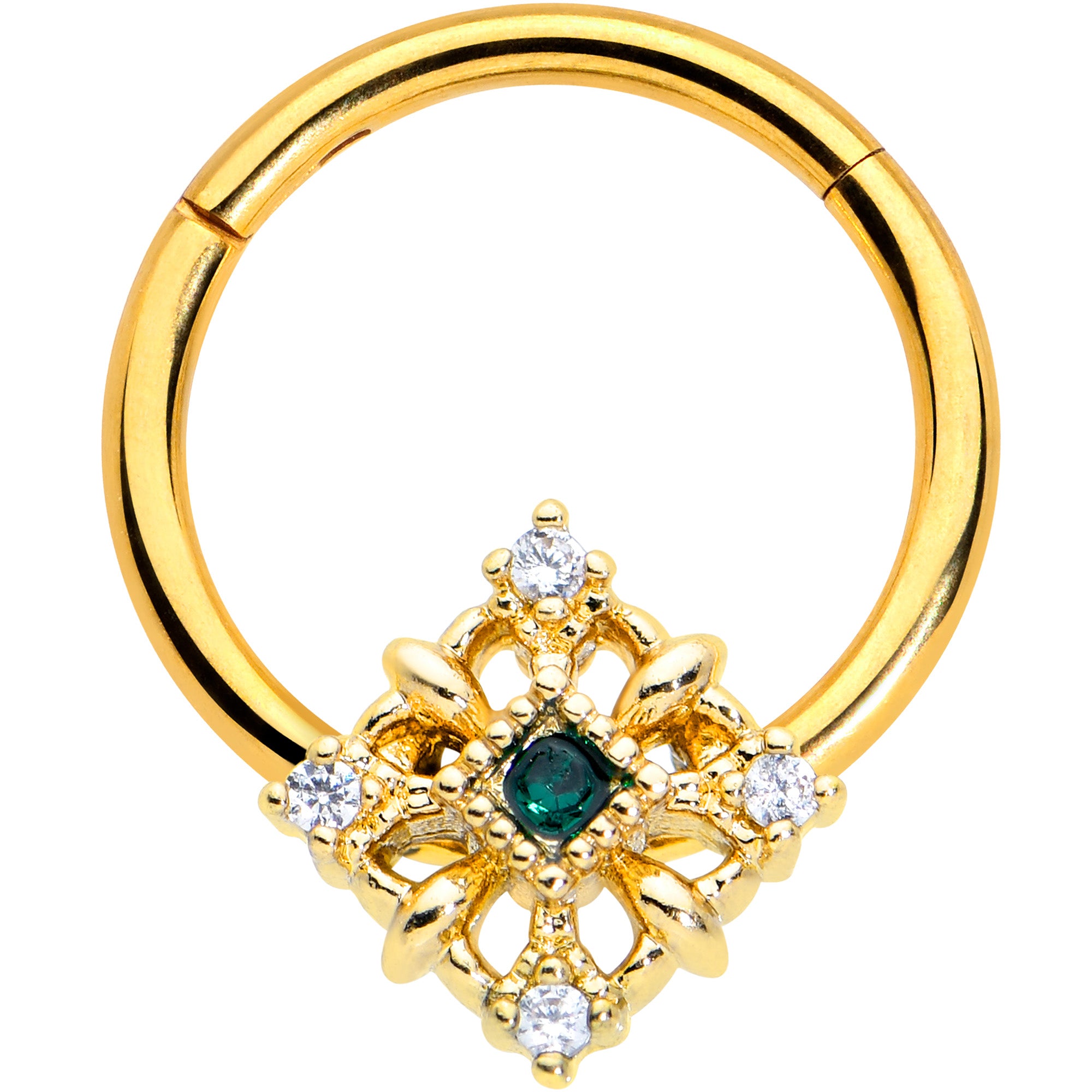 16G 3/8 Clear Green Gem Gold Hue Noble Square Hinged Segment Ring