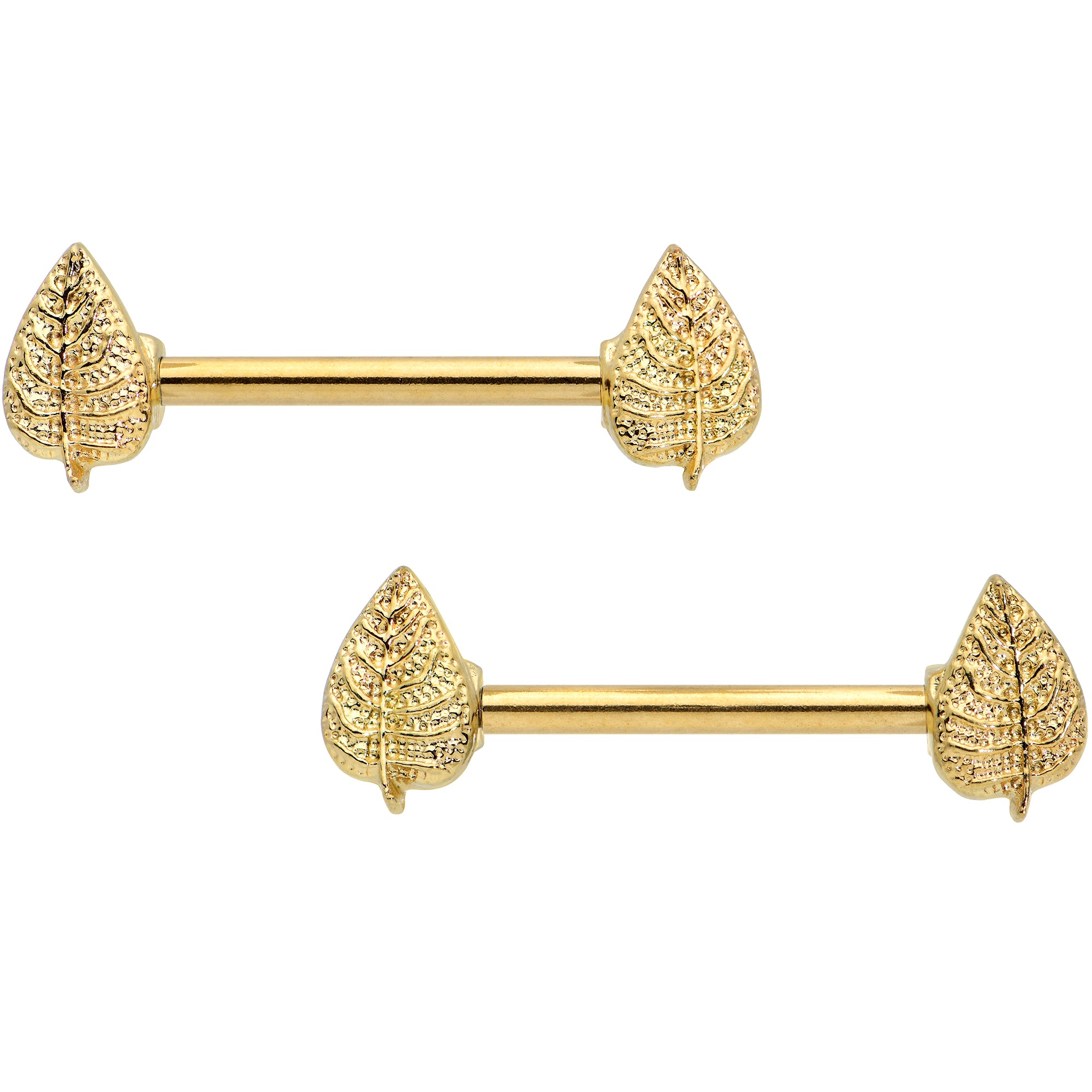 14G 9/16 Gold Tone Autumn Textured Leaf Barbell Nipple Ring Set