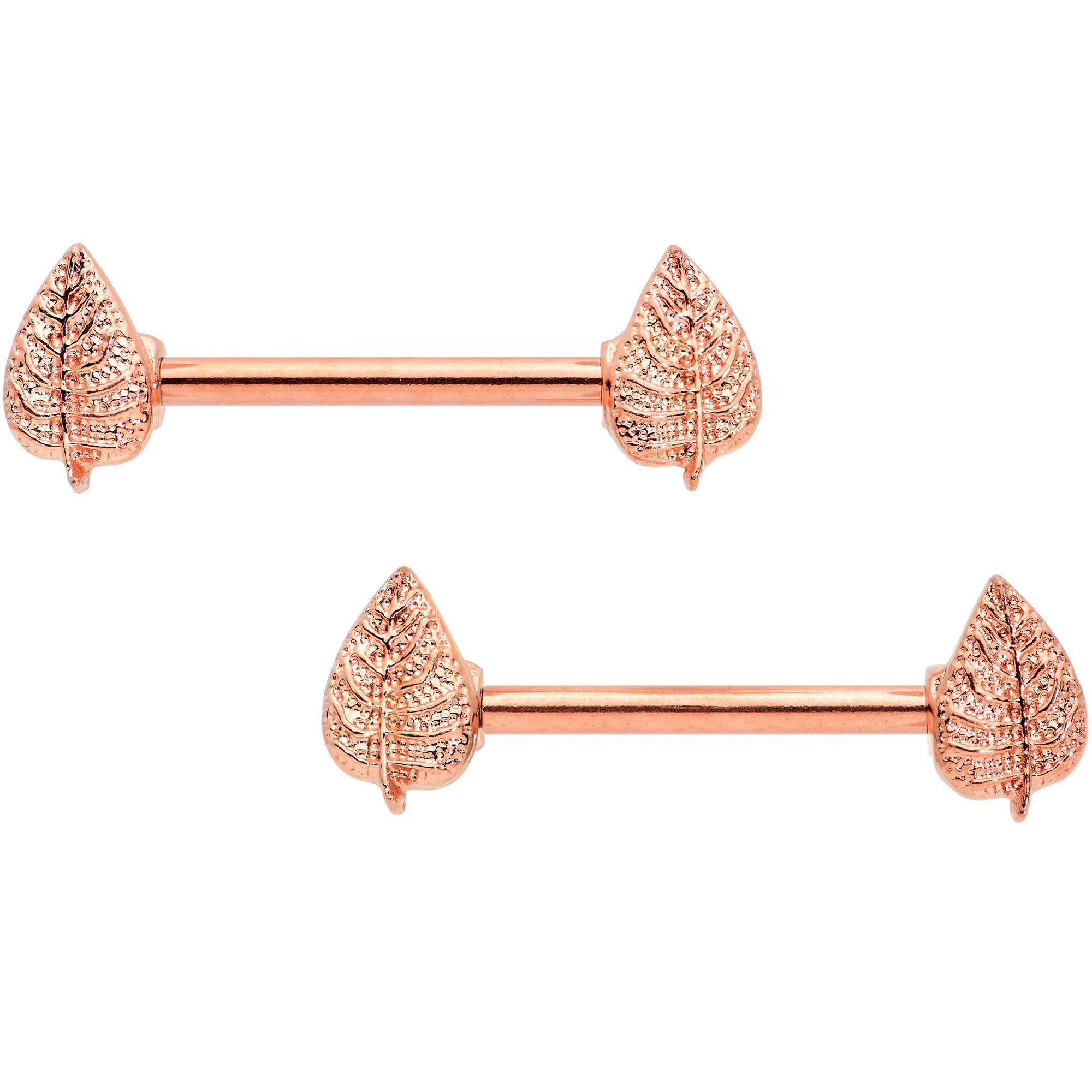 14G 9/16 Rose Gold Tone Fall Texture Leaf Barbell Nipple Ring Set