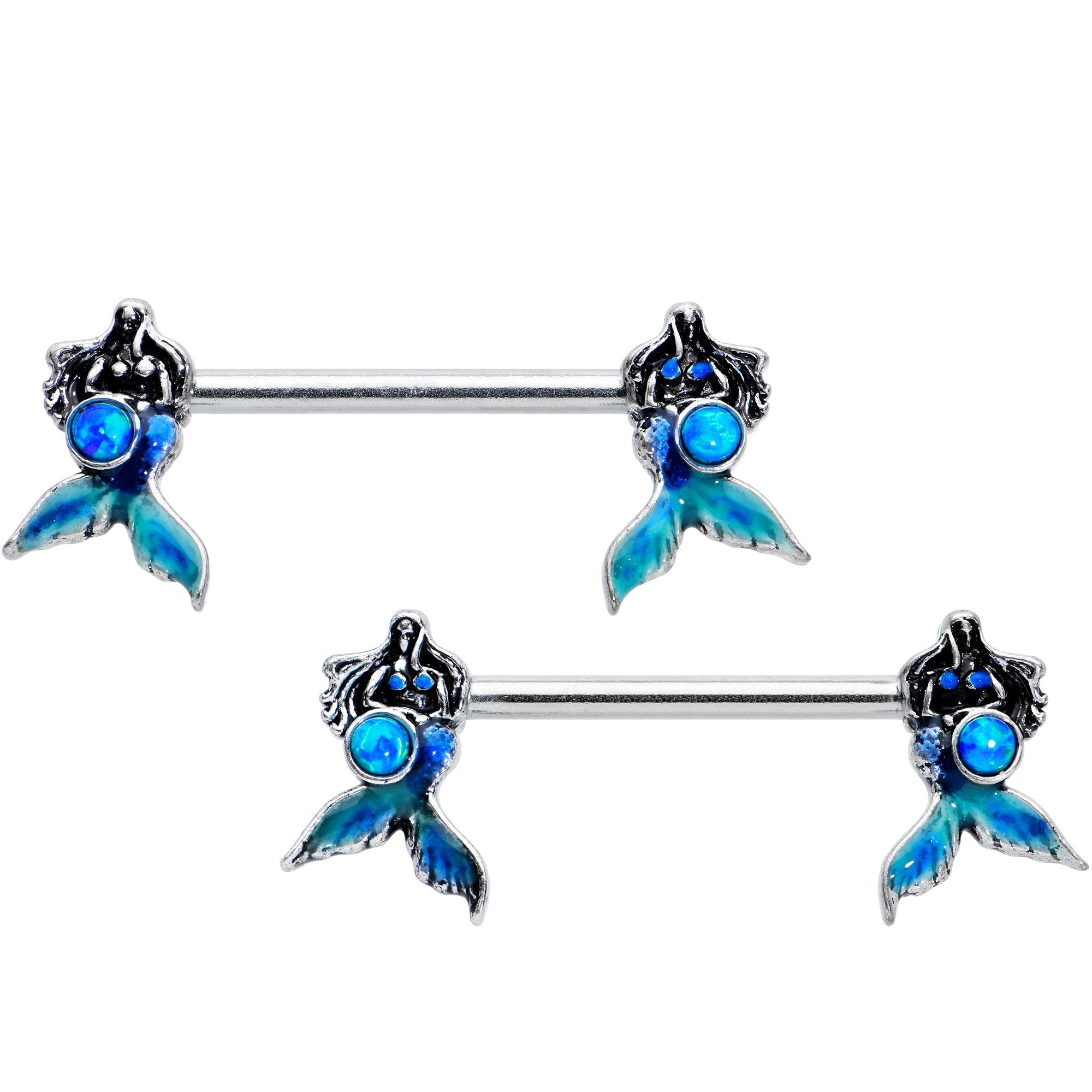 14G 9/16 Blue Synthetic Opal Mermaid Tail Barbell Nipple Ring Set