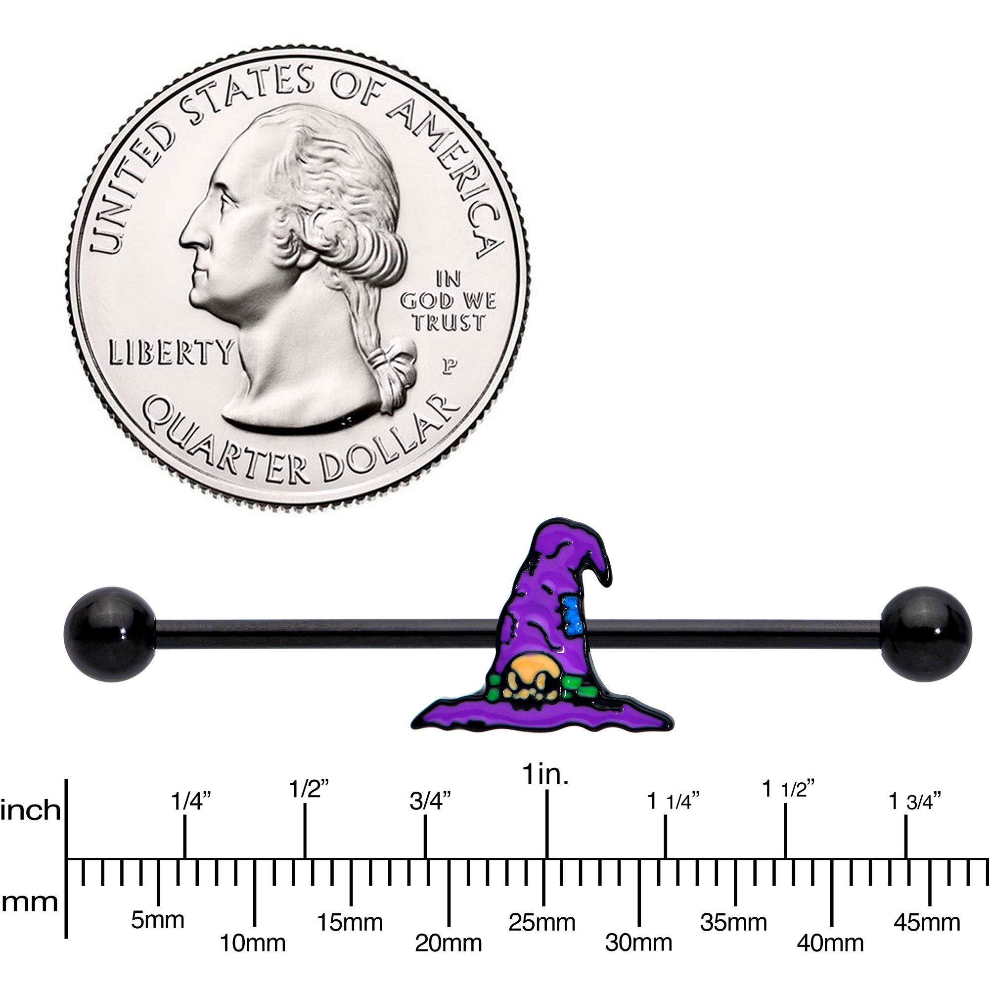 14G Black Witches Purple Hat Halloween Industrial Barbell 38mm