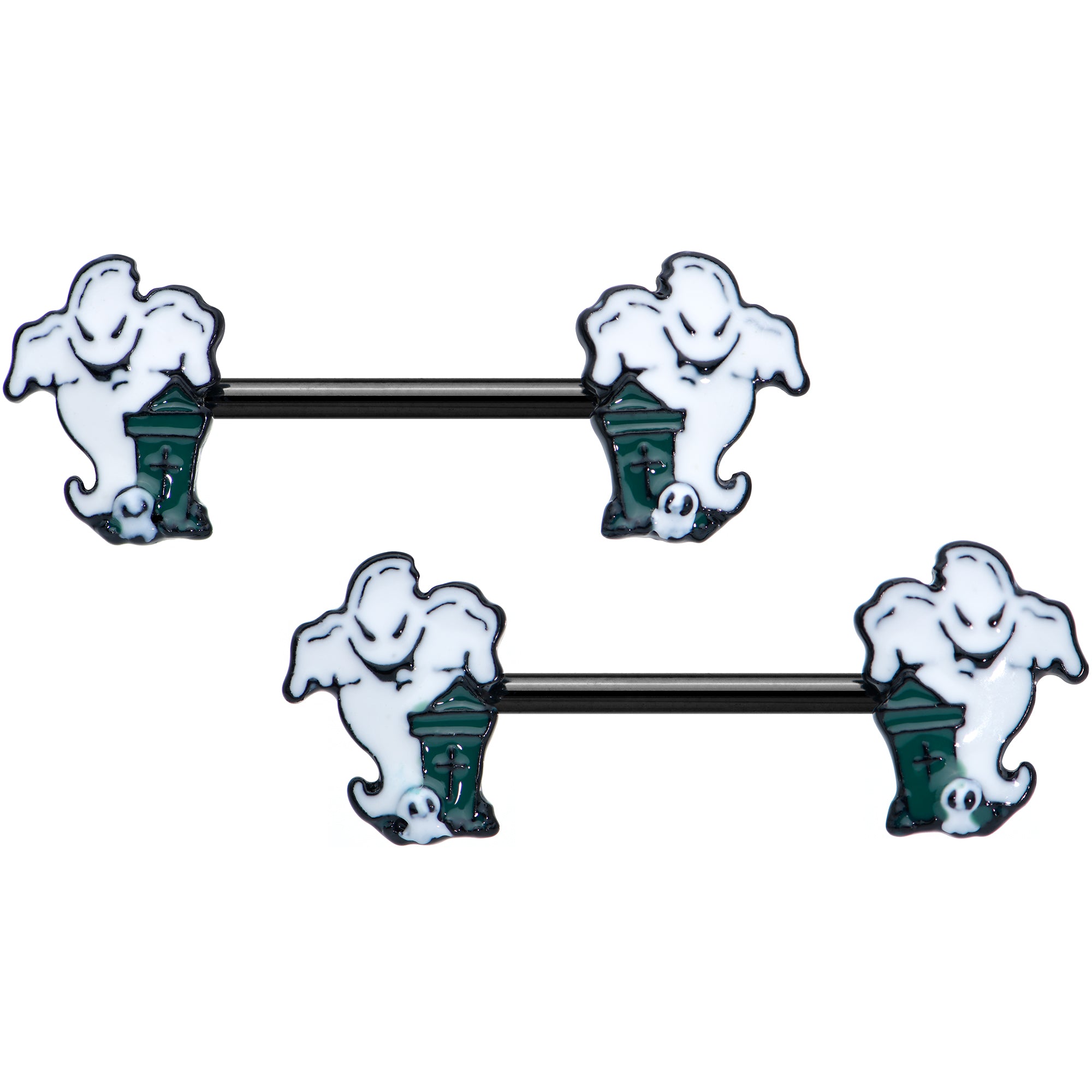 14G 9/16 Black Graveyard Ghost Halloween Barbell Nipple Ring Set
