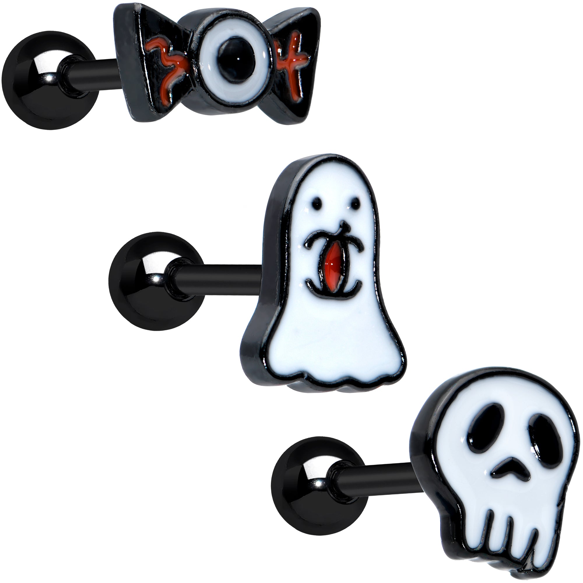 16G 1/4 Black Ghost Skull Eye Halloween Cartilage Tragus Set of 3