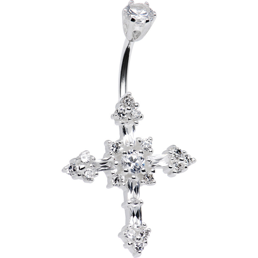 Sterling Silver 925 Crystalline Cubic Zirconia CROSS Belly Ring