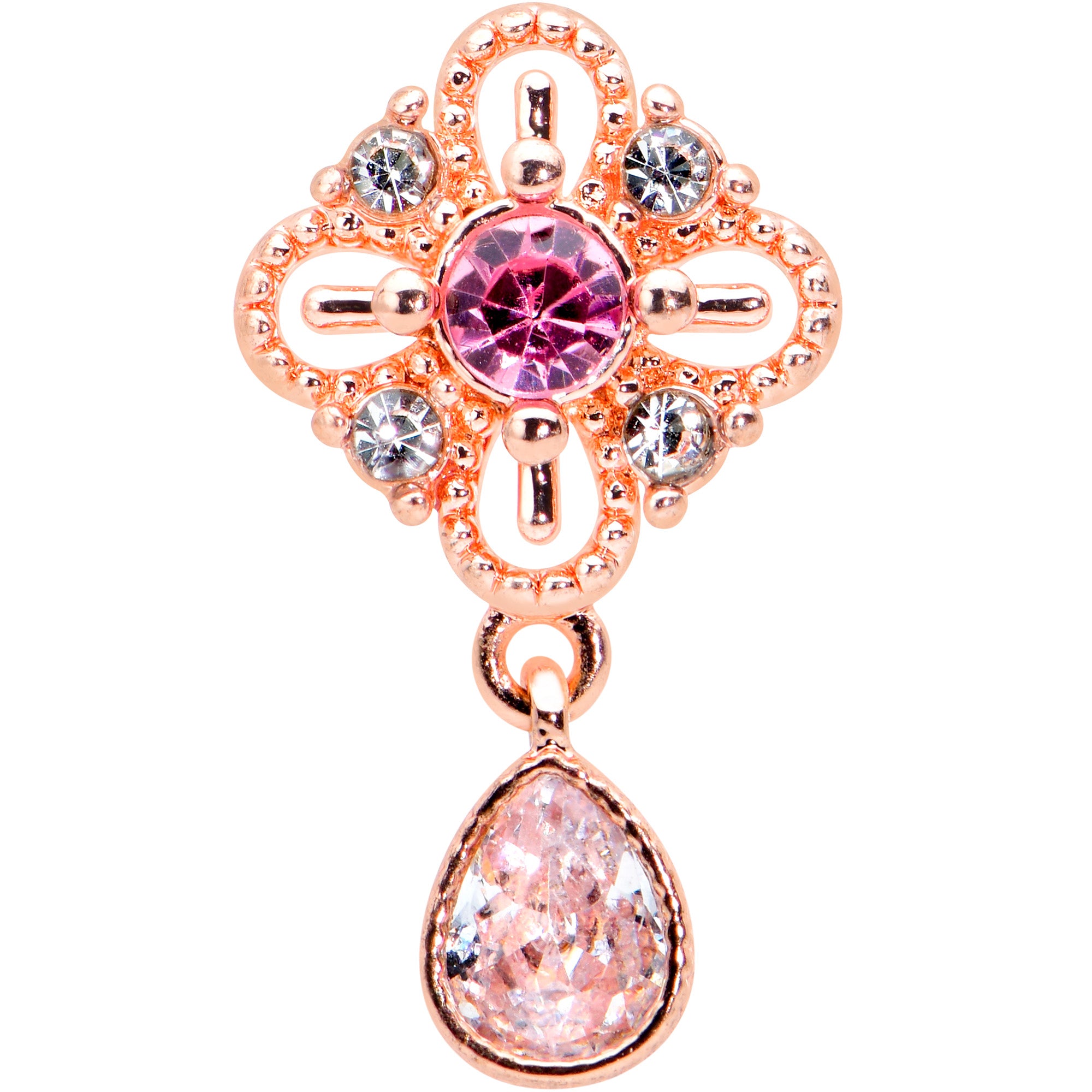 16G 1/4 Clear Pink Gem Rose Gold Tone Cross Dangle Labret Tragus
