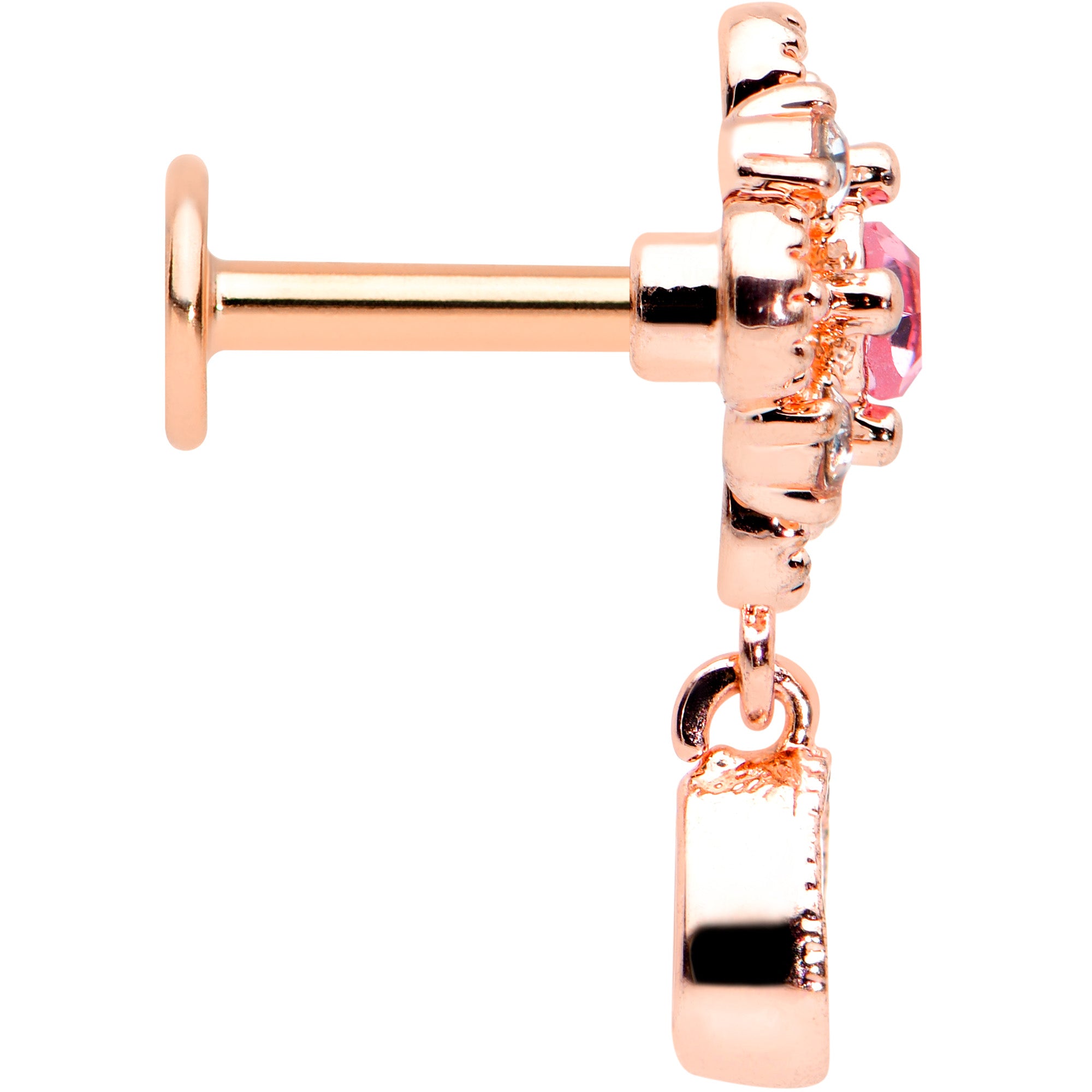 16G 1/4 Clear Pink Gem Rose Gold Tone Cross Dangle Labret Tragus