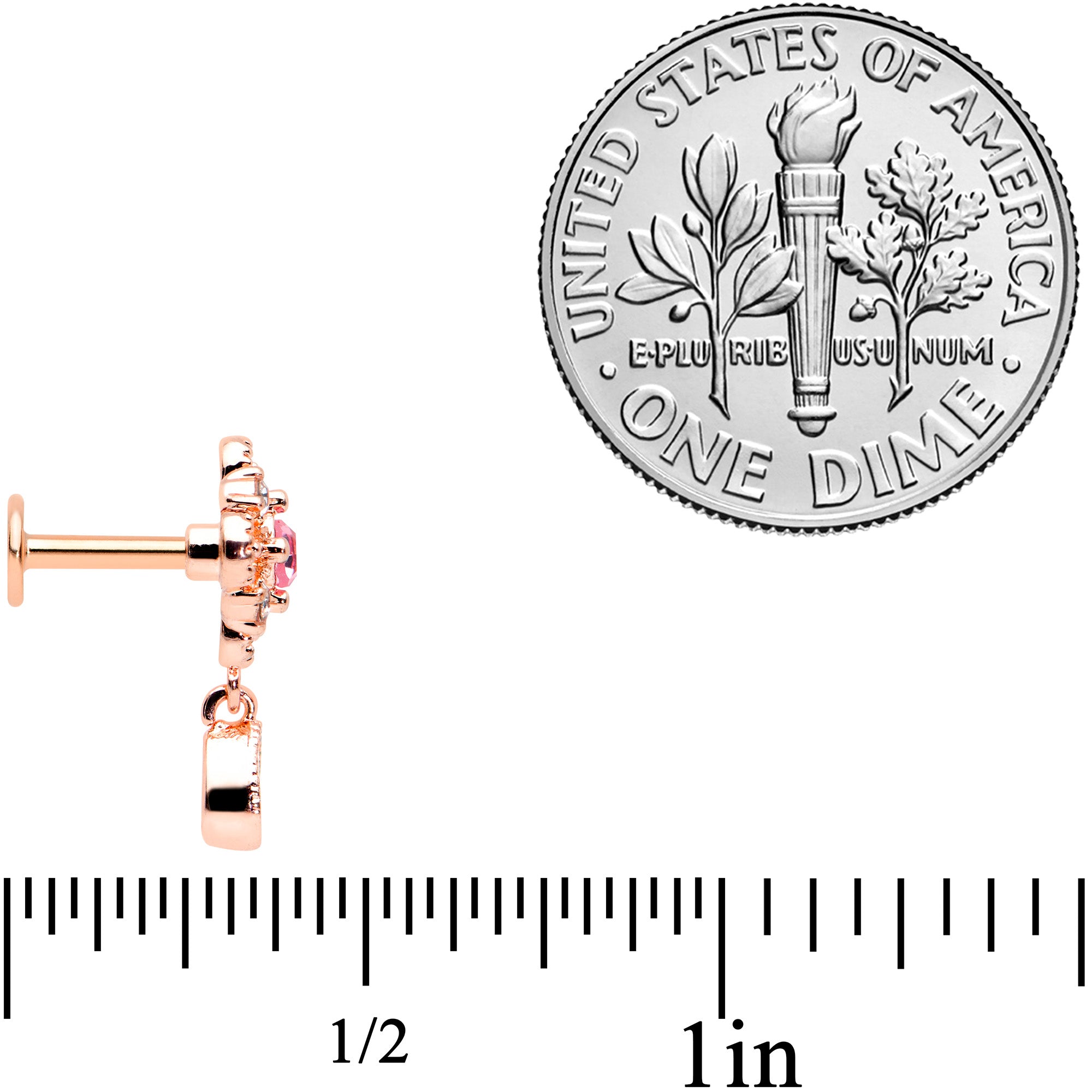 16G 1/4 Clear Pink Gem Rose Gold Tone Cross Dangle Labret Tragus