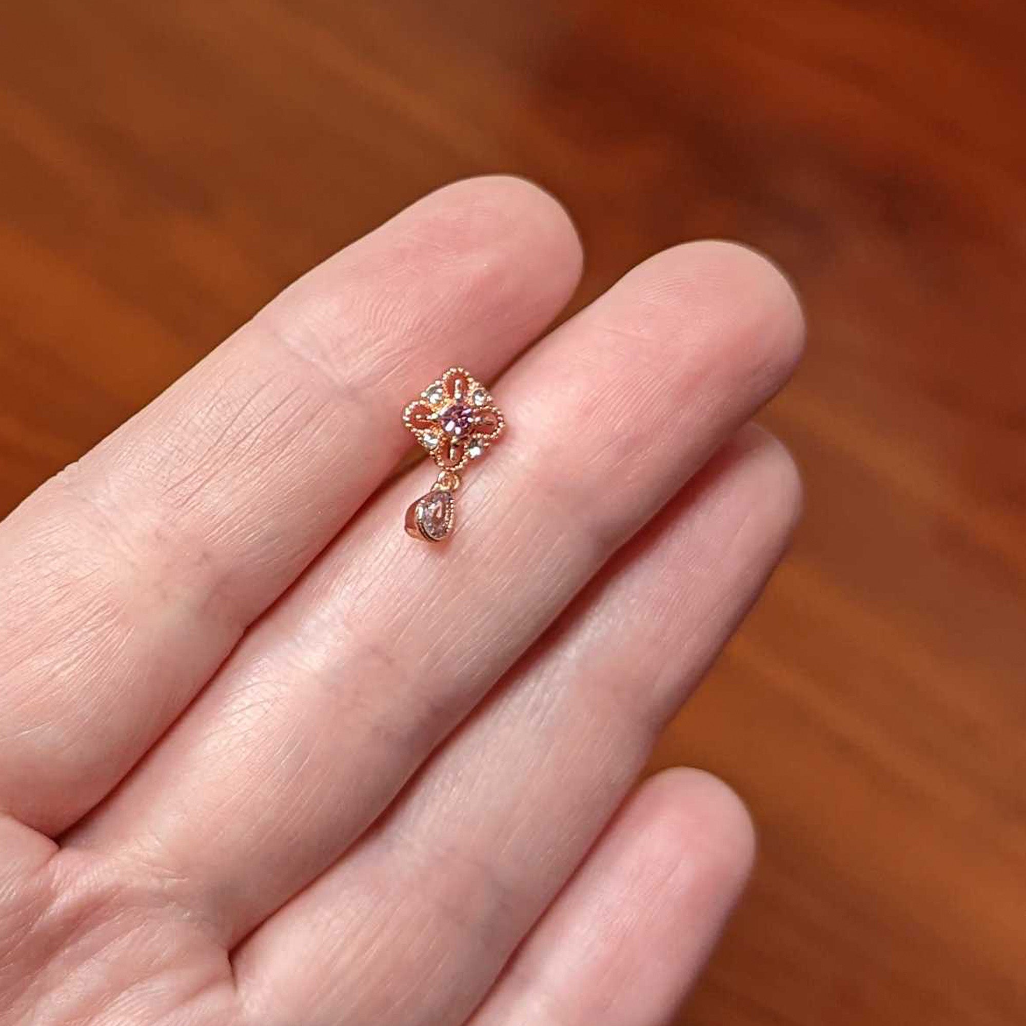 16G 1/4 Clear Pink Gem Rose Gold Tone Cross Dangle Labret Tragus