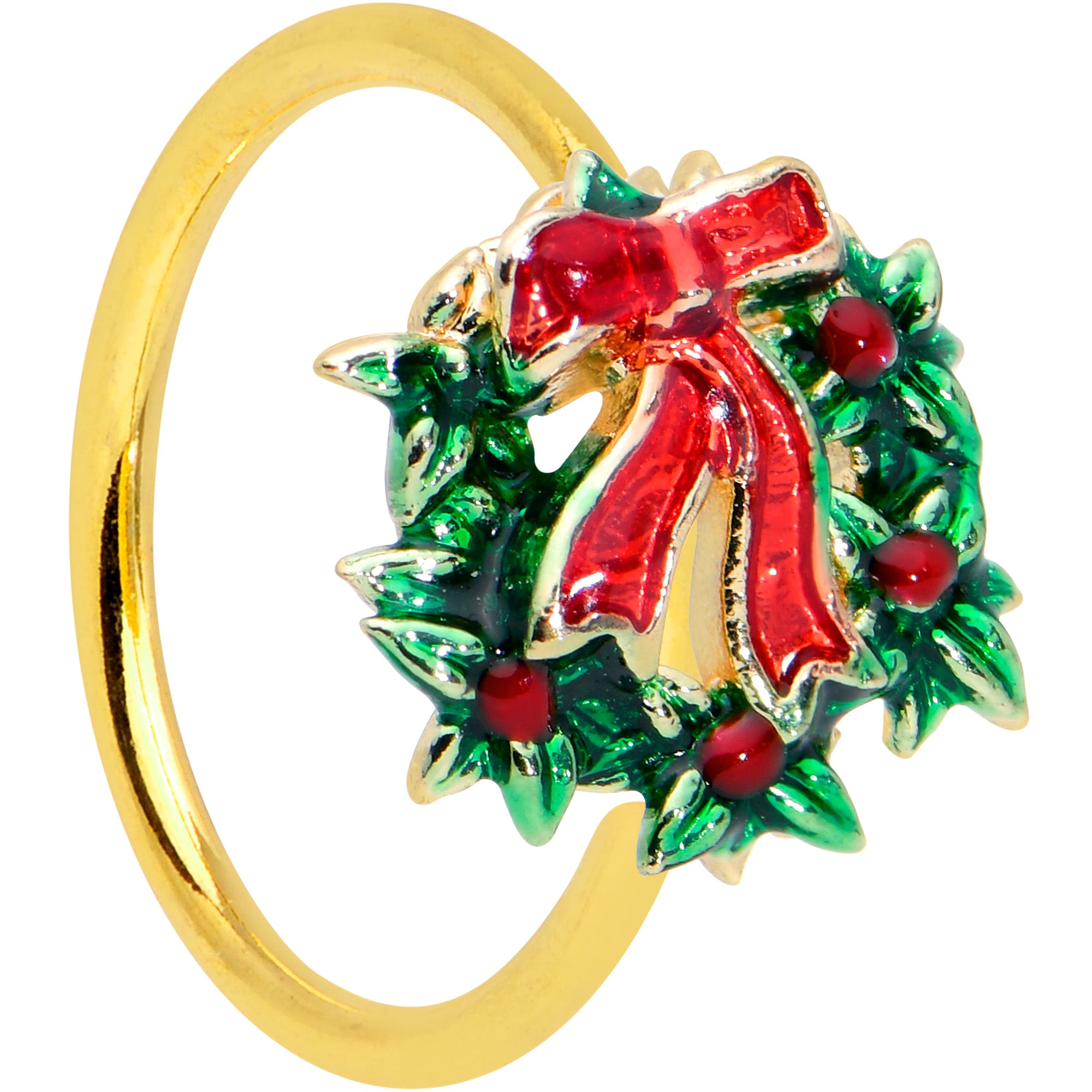 20G 5/16 Gold Tone Festive Bow Wreath Christmas Nose Hoop