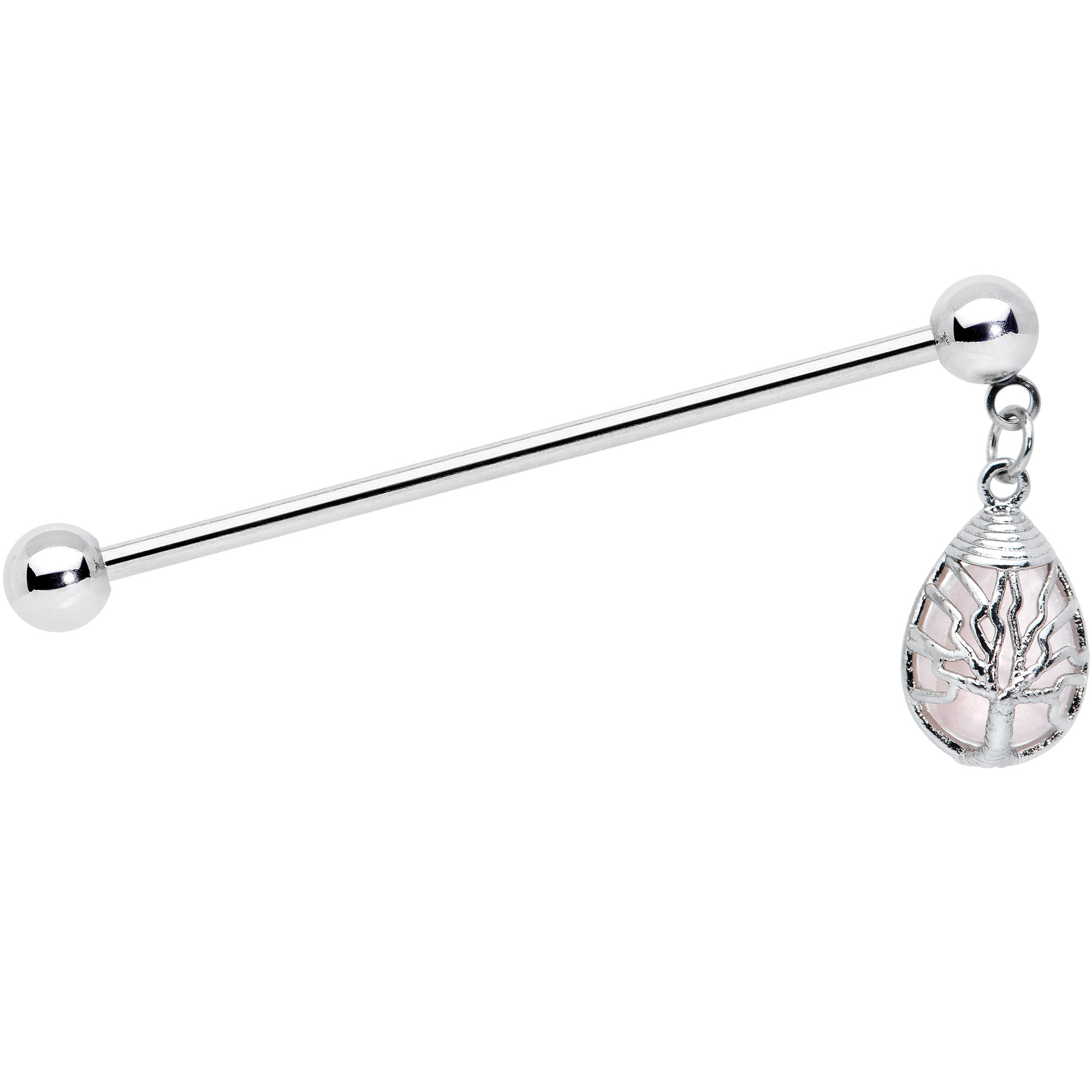 14G Rose Quartz Drop Tree Dangle Industrial Barbell 38mm
