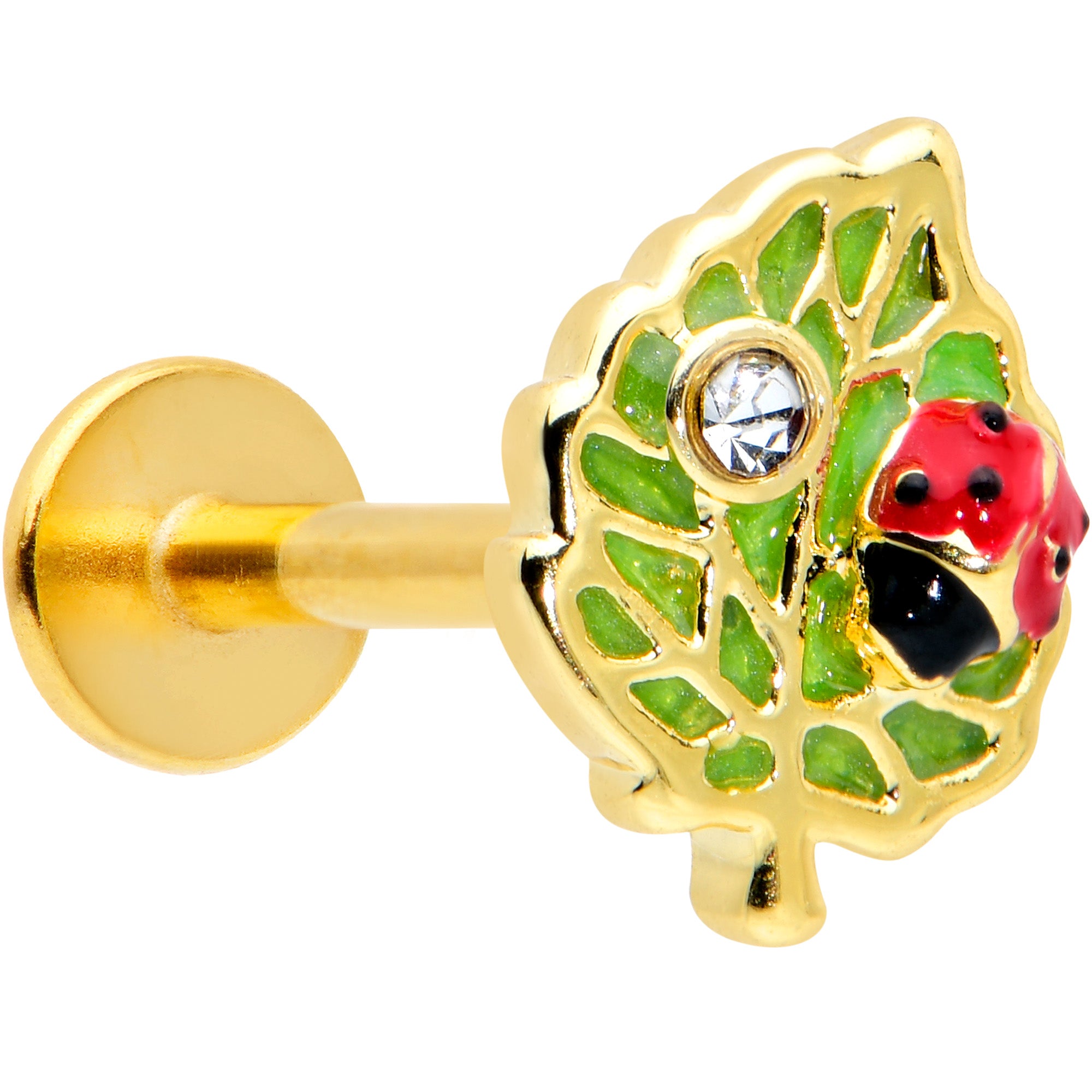16G 5/16 Clear Gem Gold Tone Leafy Ladybug Labret Monroe Tragus