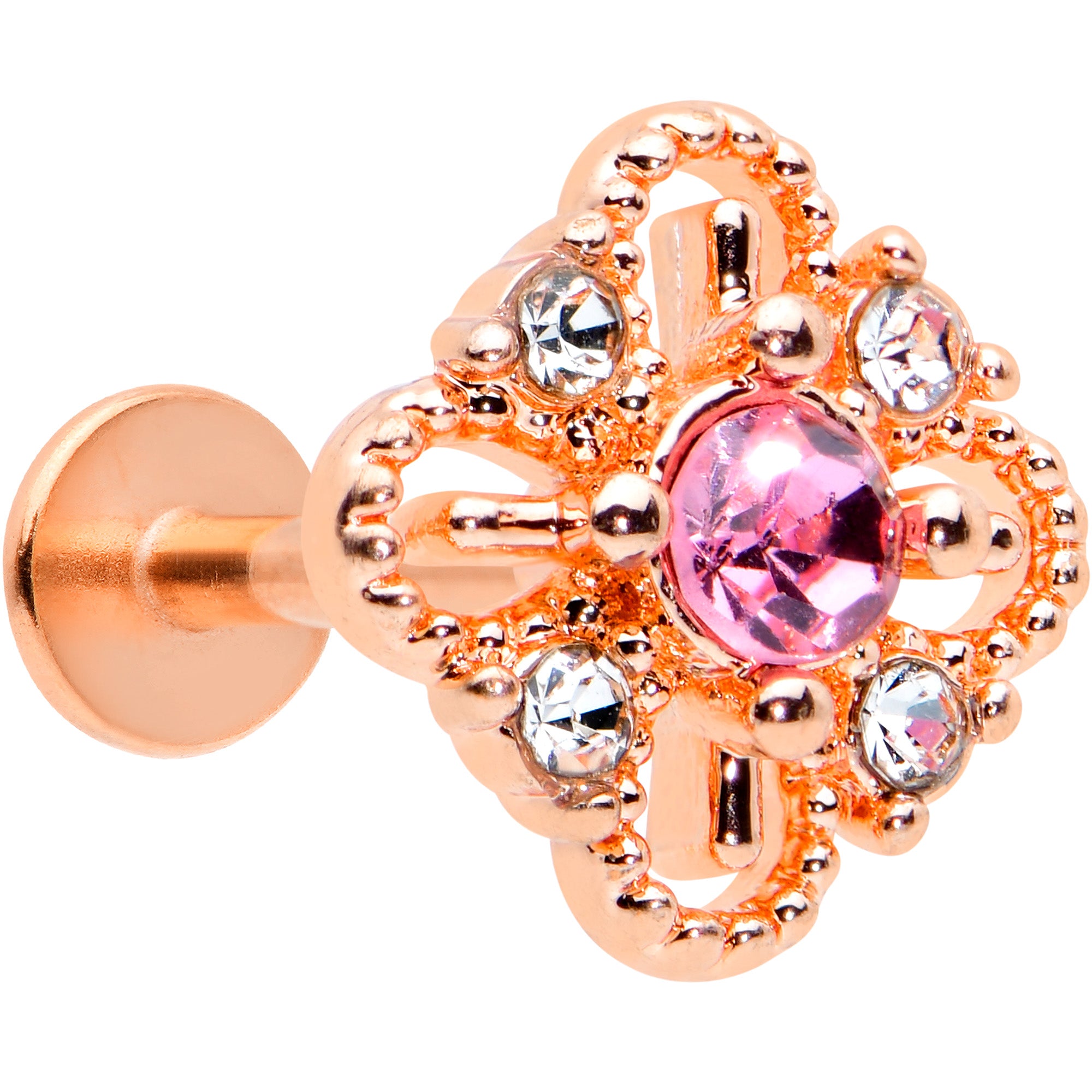 16G 5/16 Pink Gem Rose Gold Tone Cross Rhombus Labret Tragus