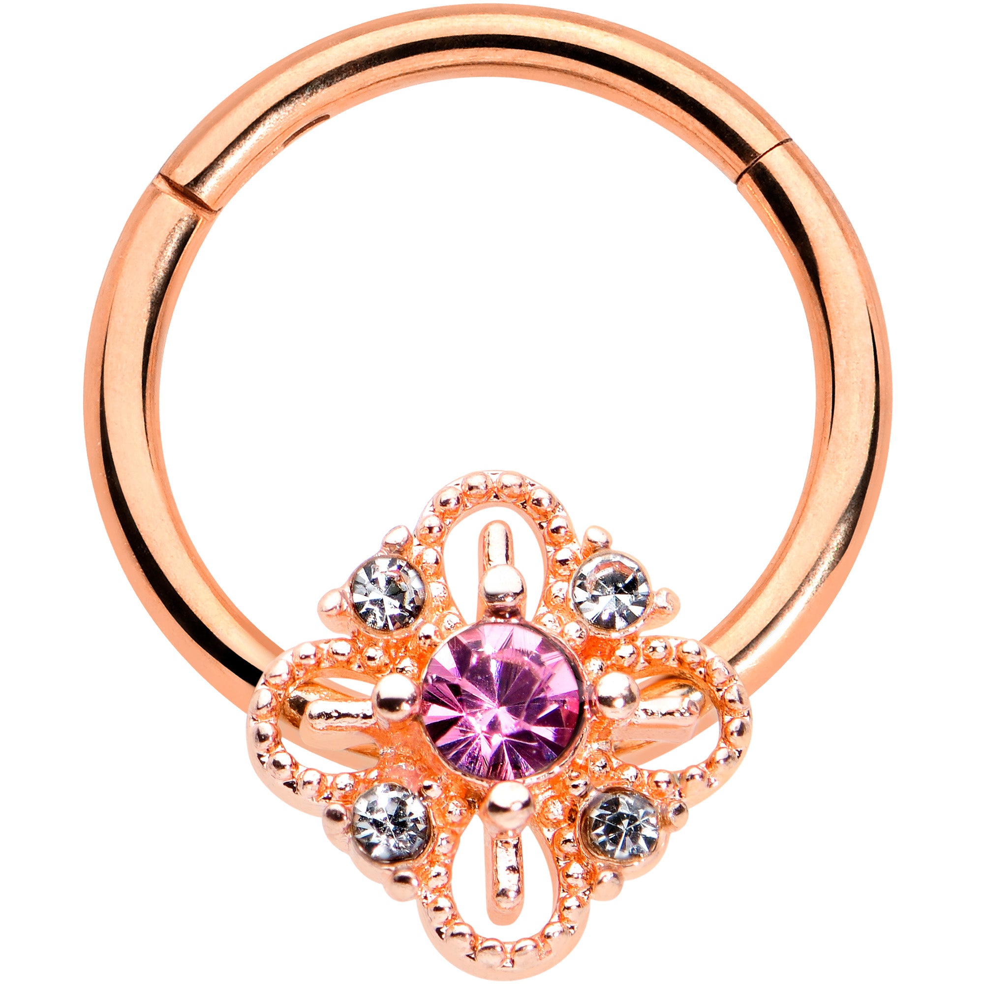 16G Clear Purple Gem Rose Gold Tone Rhombus Hinged Segment Ring